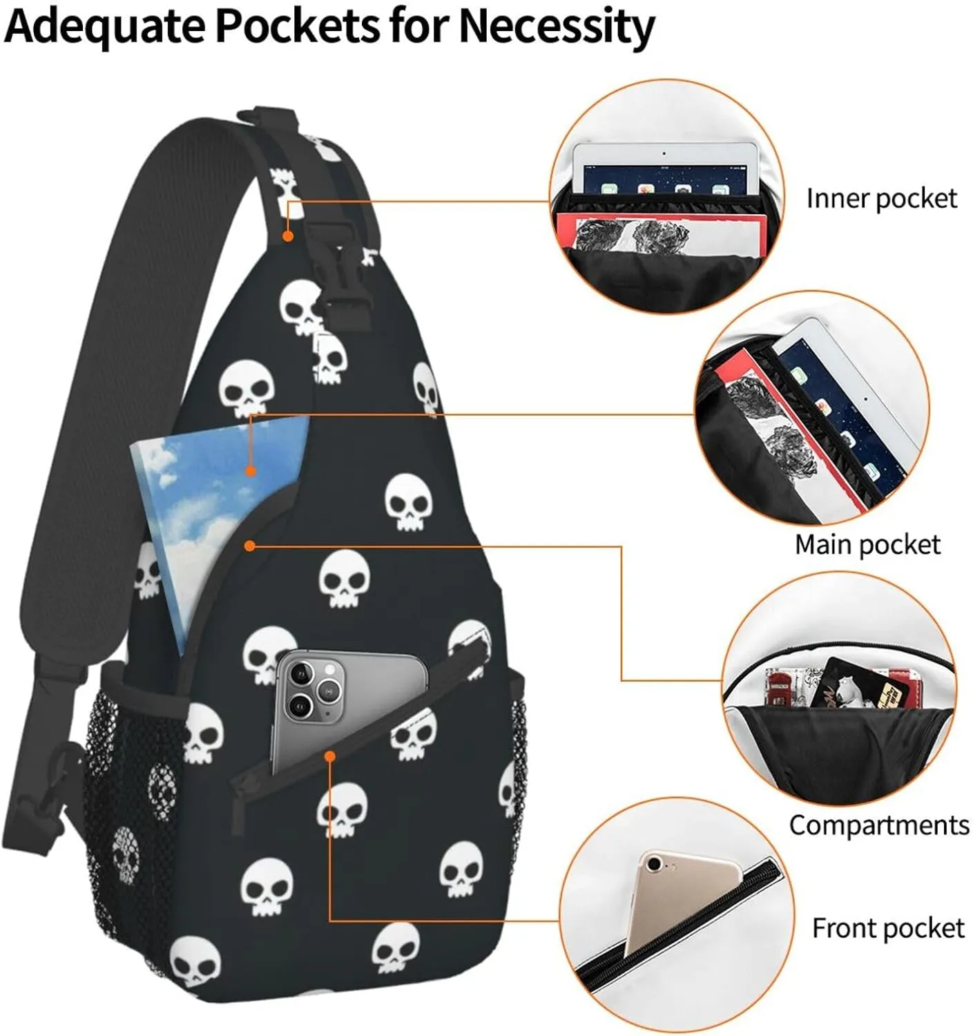 WURTON Skull Sling Bag Crossbody Backpack Sling Backpack Shoulder Bag For Women Men Cycling Hiking Travel