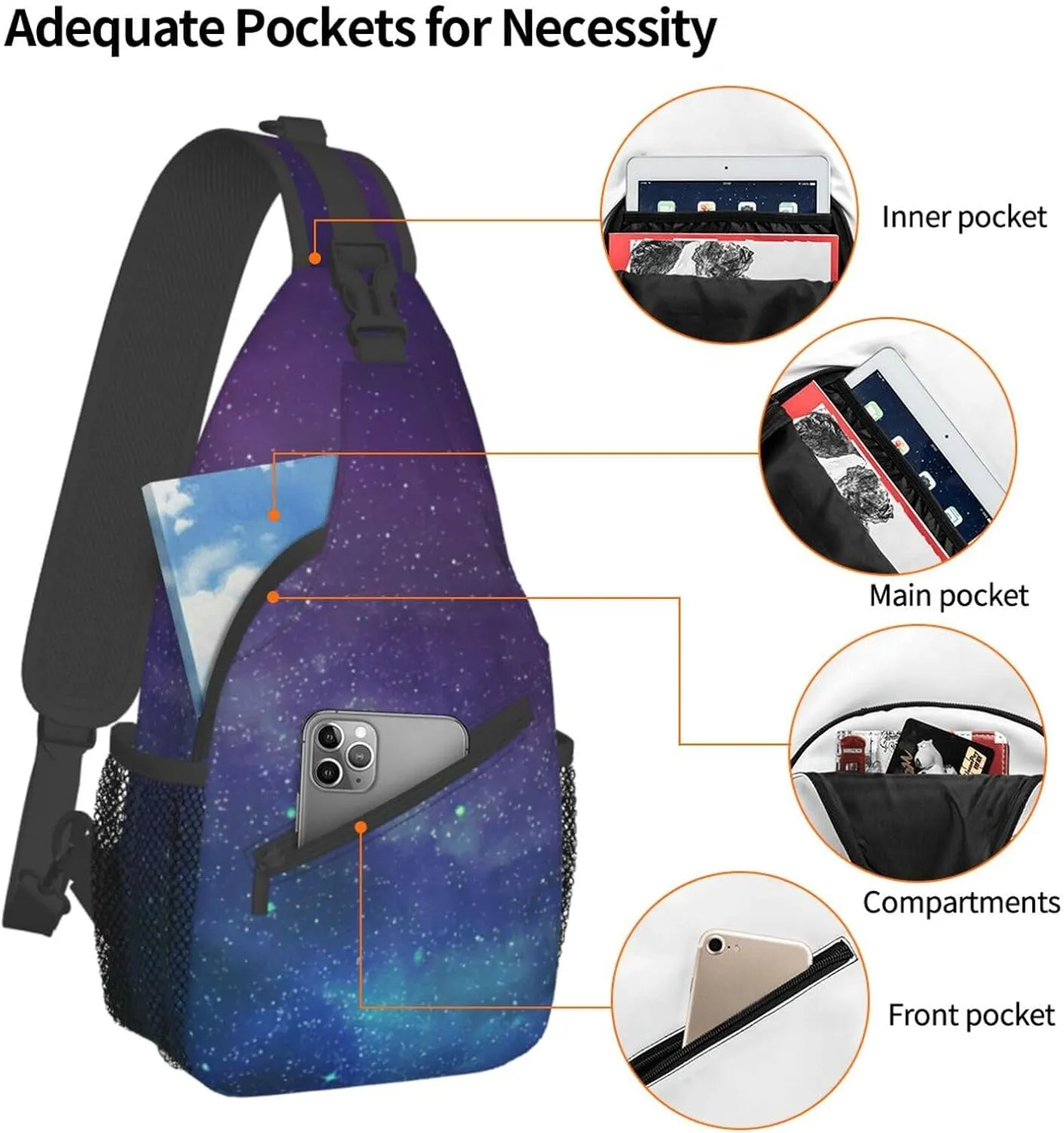 WURTON Universe With Stars Galaxy Interstellar Print Crossbody Sling Backpack Sling Bag Travel Hiking Chest Bag Daypack