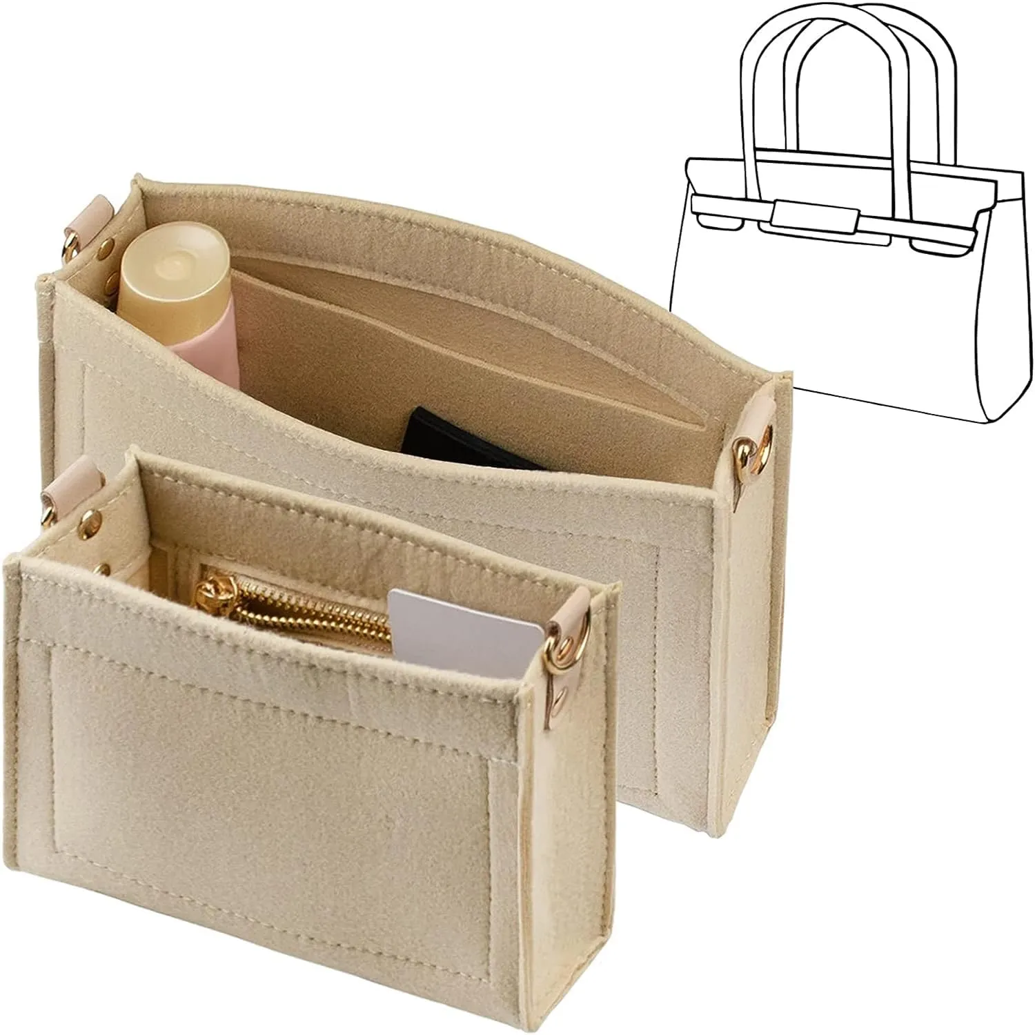 X spring Purse Organizer Insert, 2Pcs Felt Purse Organiser Insert with Zipper, Premium Microfiber Handbag, Shaper Tote Bag, Organizer Insert Fit Toiletry Pouch, Large and Small Bags