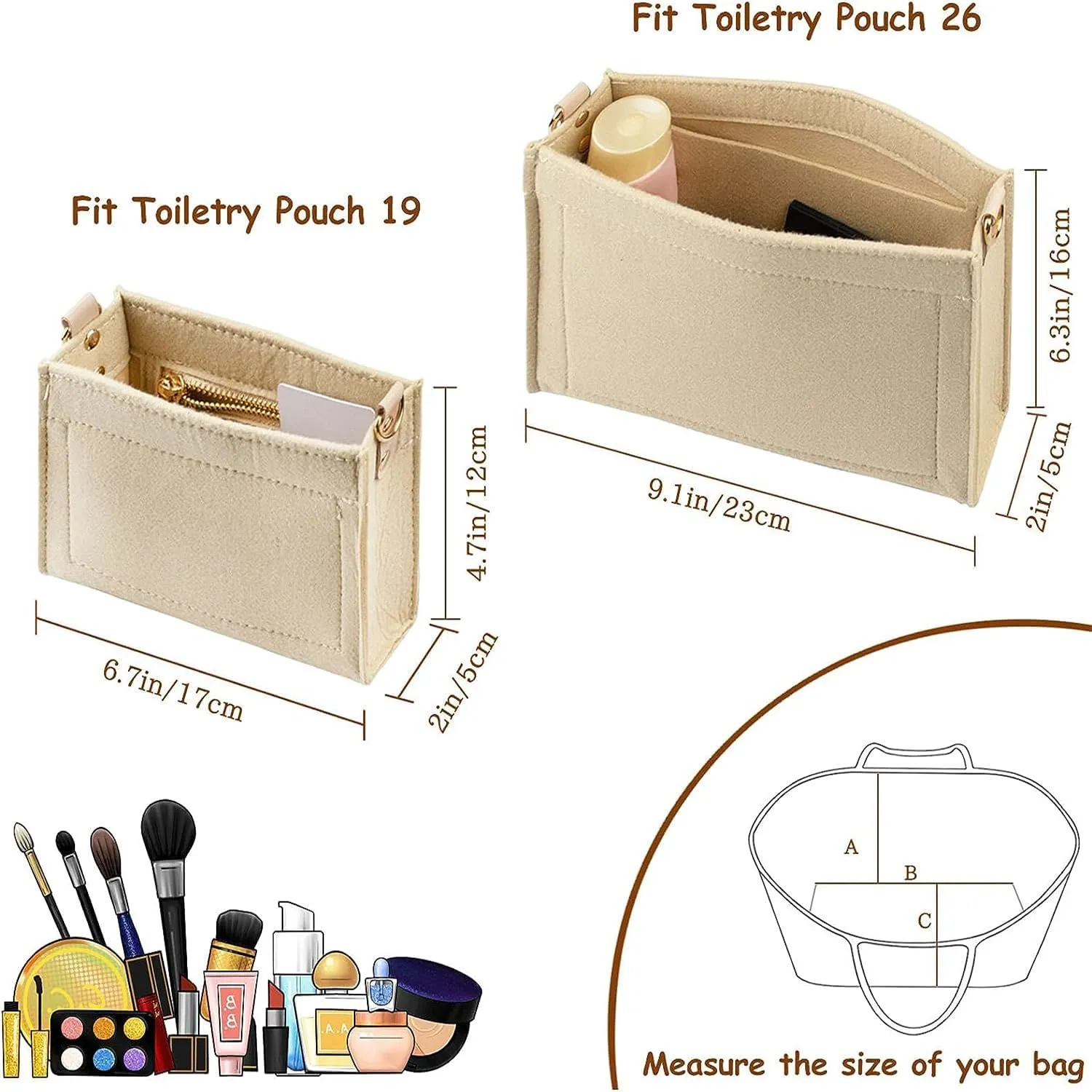 X spring Purse Organizer Insert, 2Pcs Felt Purse Organiser Insert with Zipper, Premium Microfiber Handbag, Shaper Tote Bag, Organizer Insert Fit Toiletry Pouch, Large and Small Bags