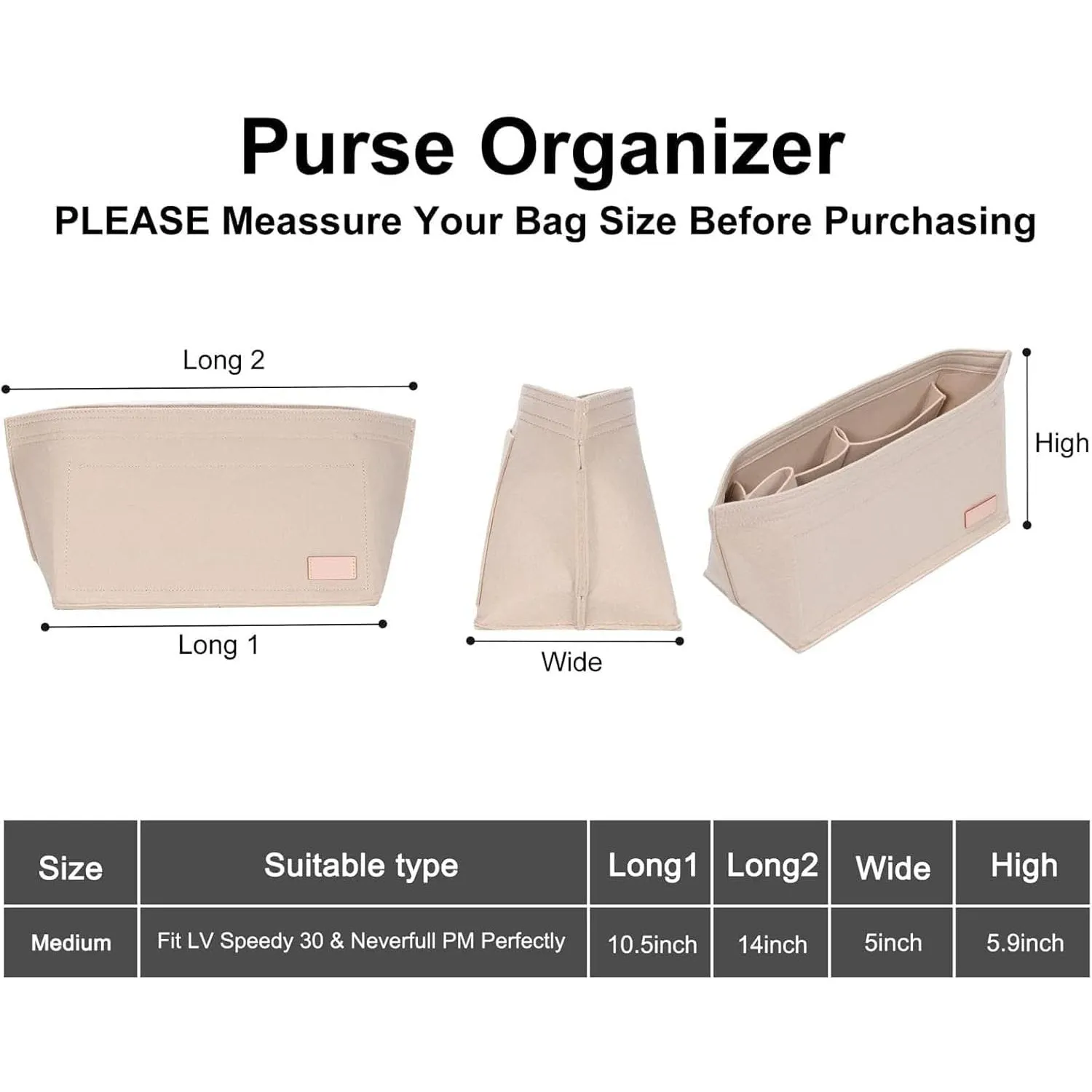 X spring Purse Organizer Insert, Fits Speedy and Neverfull Onthego, Super Lightweight Felt Material Large Tote Insert, Beige Tote Bag Organizer Insert for Handbags and Tote Felt Bag (Medium)