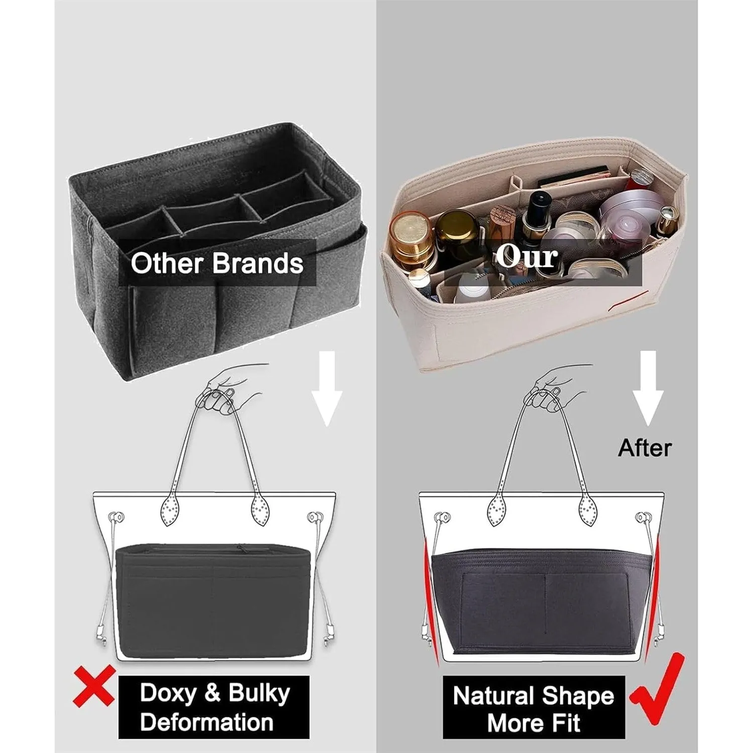 X spring Purse Organizer Insert, Fits Speedy and Neverfull Onthego, Super Lightweight Felt Material Large Tote Insert, Beige Tote Bag Organizer Insert for Handbags and Tote Felt Bag (Medium)