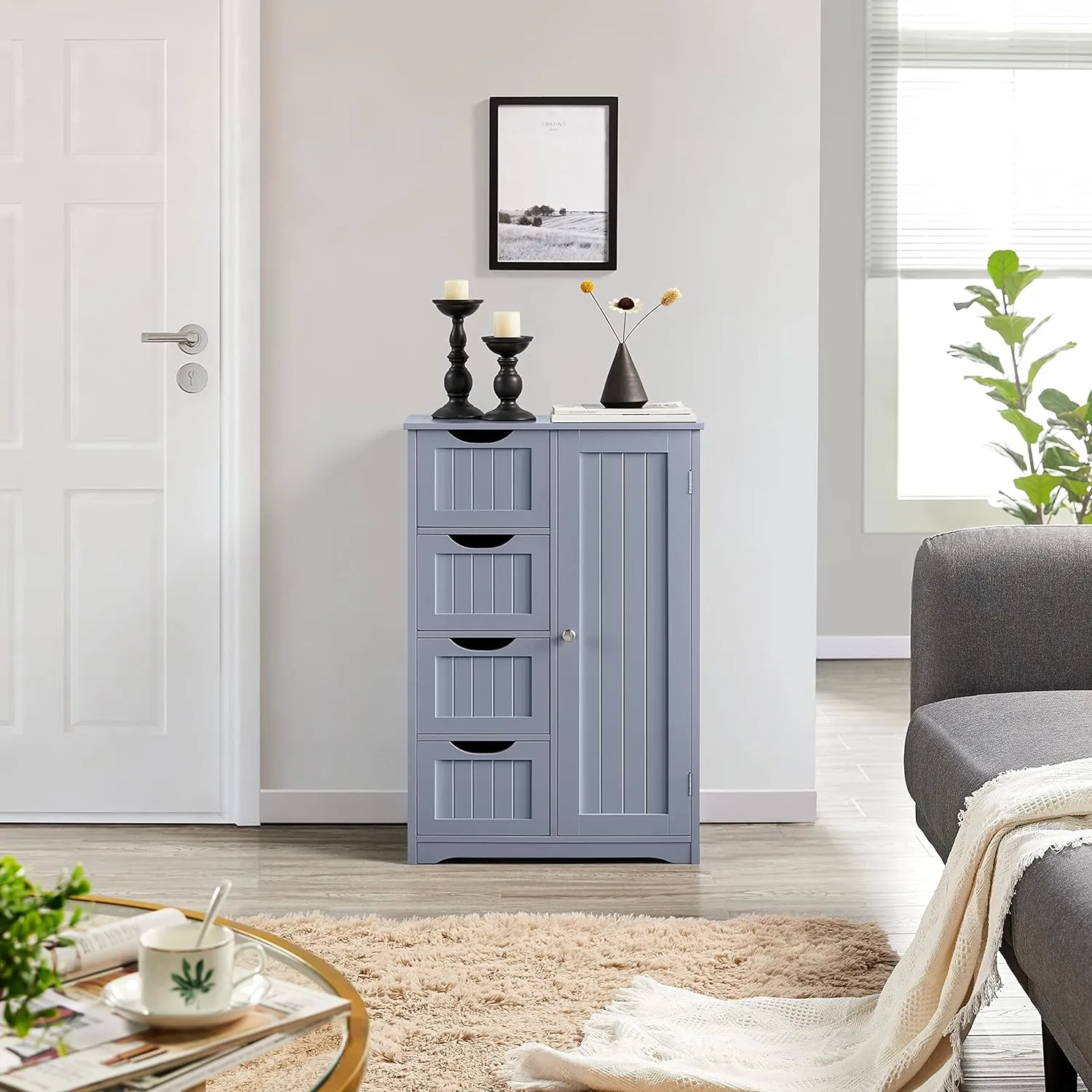 Yaheetech Bathroom Floor Cabinet, Freestanding Storage Organizer Unit Kitchen Cupboard W/ 4 Drawers & Adjustable Shelves, Using for Kitchen/Bathroom, Gray