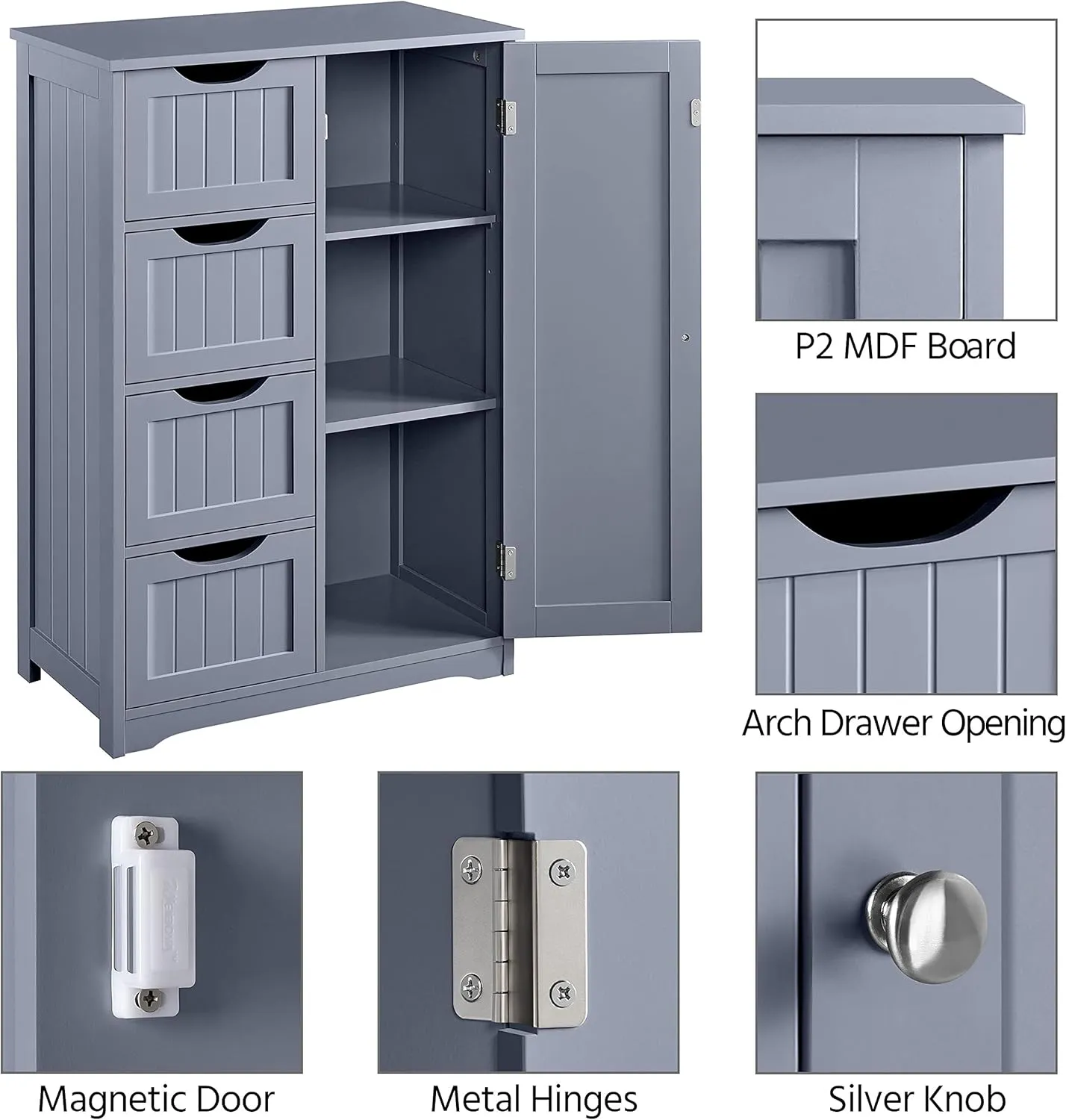 Yaheetech Bathroom Floor Cabinet, Freestanding Storage Organizer Unit Kitchen Cupboard W/ 4 Drawers & Adjustable Shelves, Using for Kitchen/Bathroom, Gray