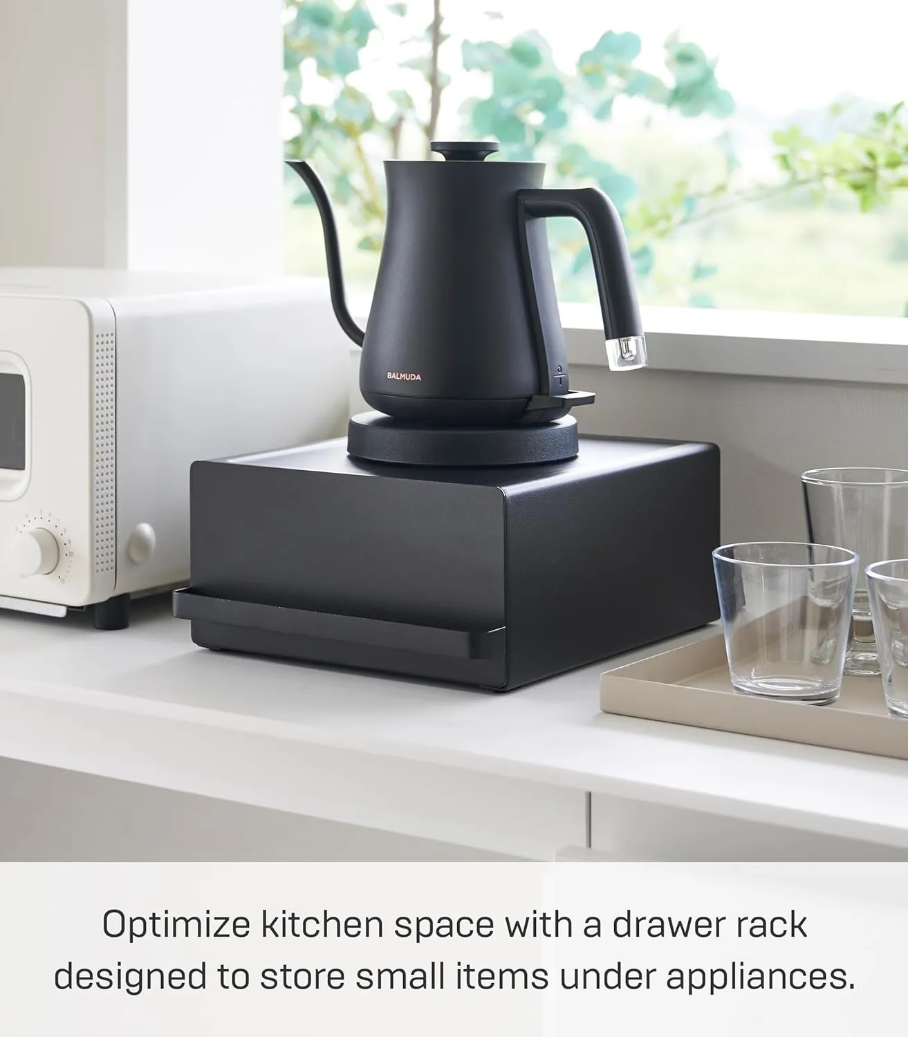 Yamazaki Home Tower Kitchen Appliance Rack With Drawers - Space-Saving Under-Appliance Storage Organizer For Sugar, Tea Packs, Mixers, Coffee Makers, Electric Pots - Steel