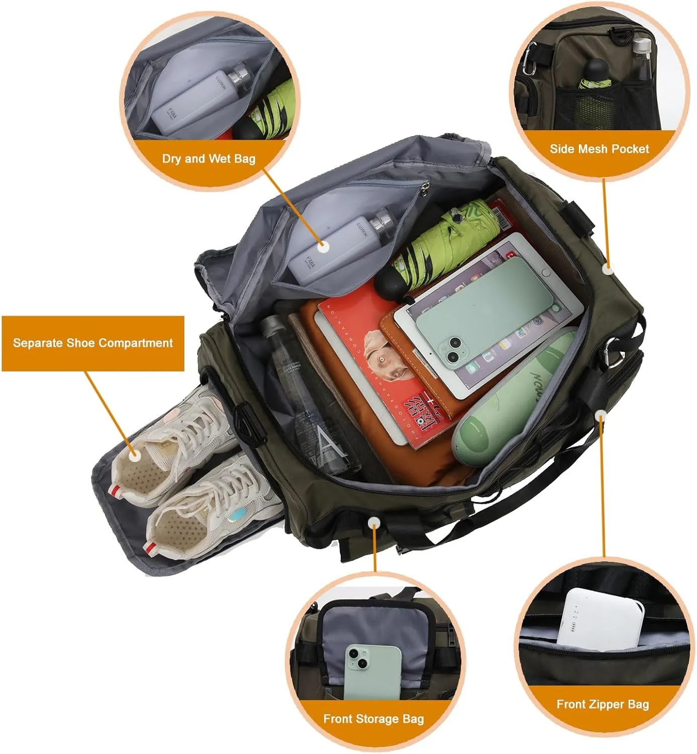 Yaopeing Gym Bag for Men Women,3 in 1 Sports Travel Duffel Bag with Shoe Compartment,Carry on Workout Backpack with Wet Pocket,Army Green