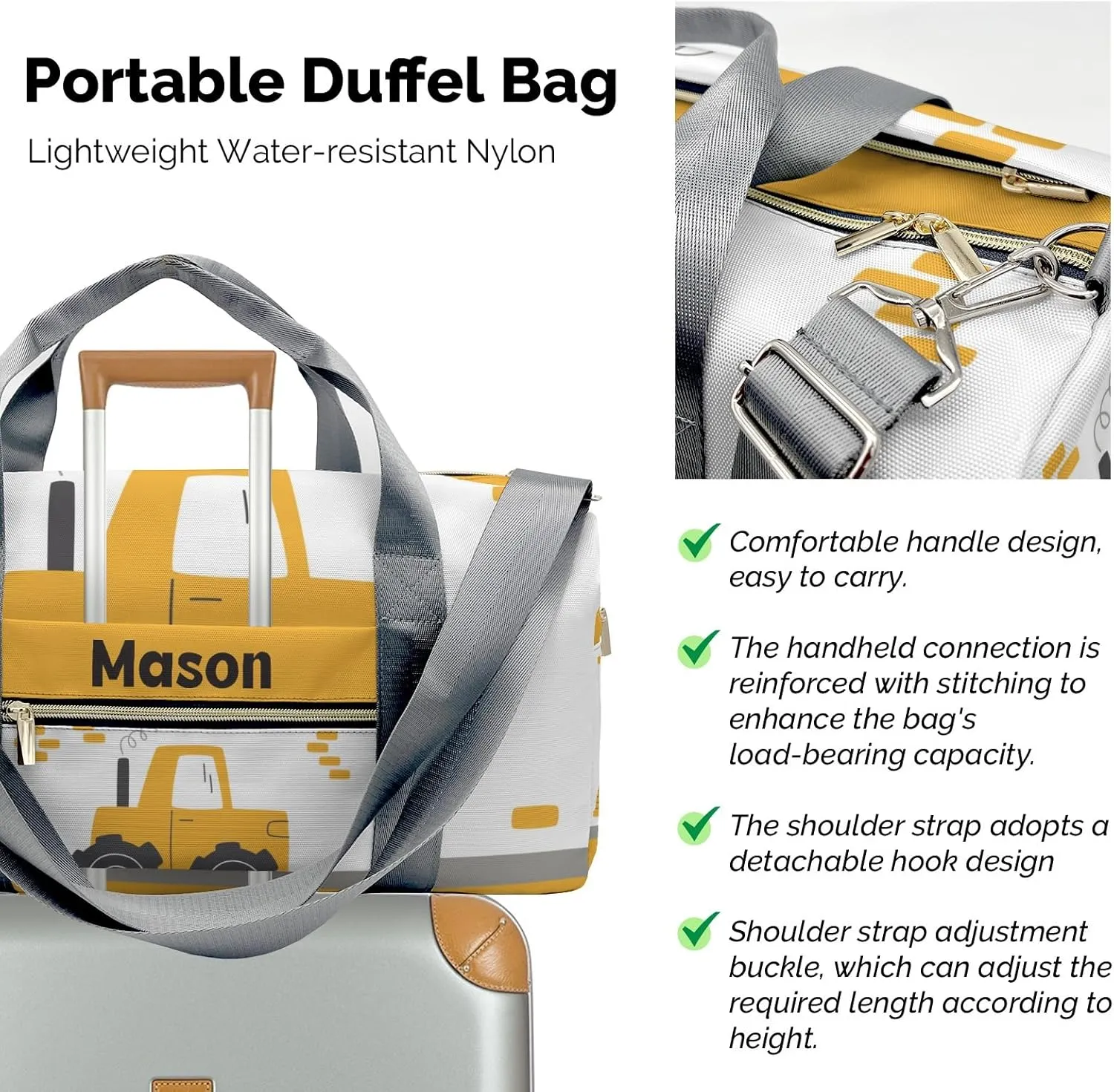 Yellow Construction Truck Personalized Duffel Bag,Custom Travel Gym Bag with Name,Waterproof Sports Overnight Bag with Shoe Compartment & Shoulder Strap
