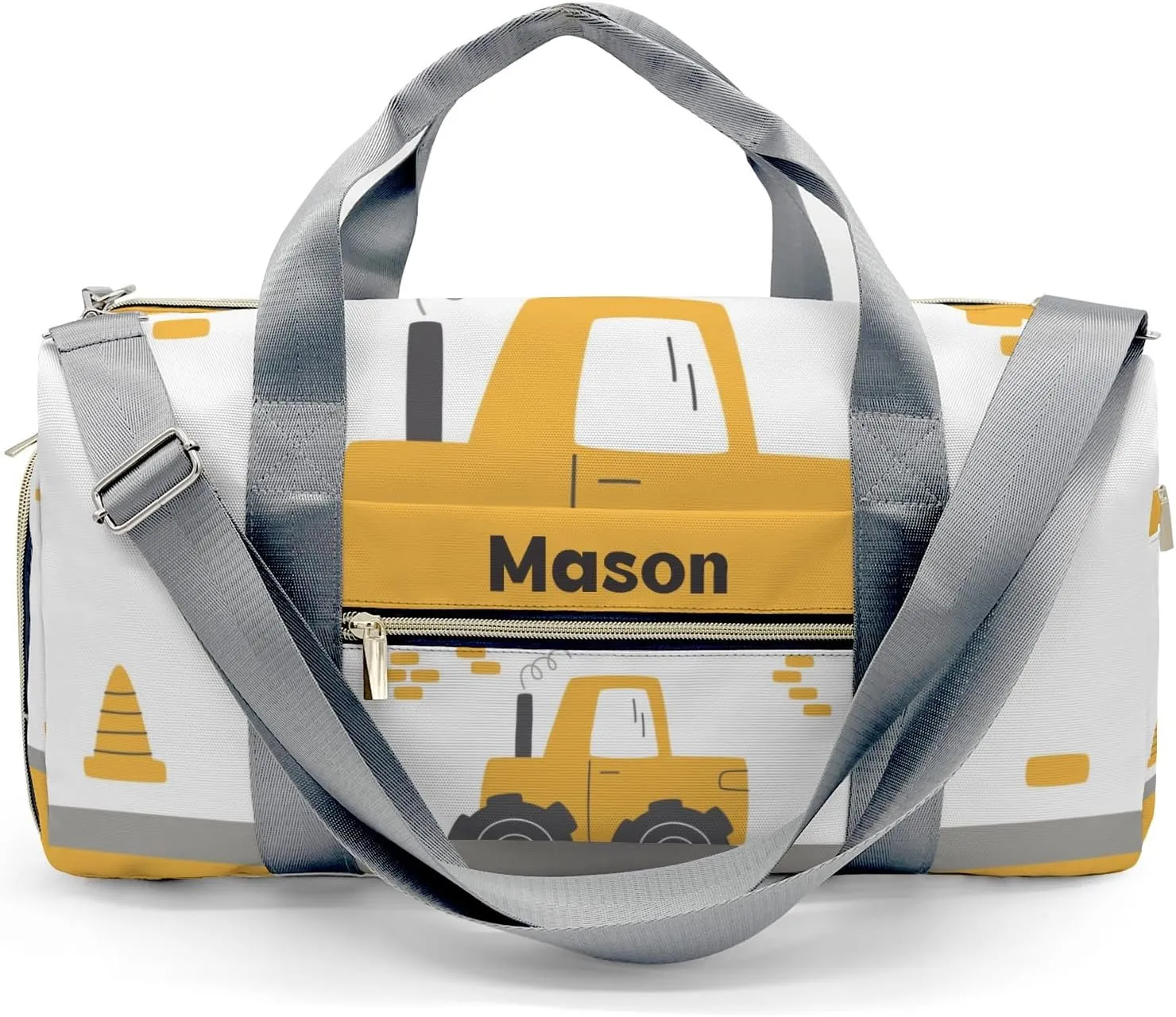 Yellow Construction Truck Personalized Duffel Bag,Custom Travel Gym Bag with Name,Waterproof Sports Overnight Bag with Shoe Compartment & Shoulder Strap