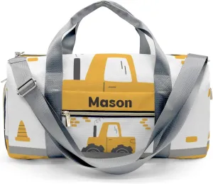 Yellow Construction Truck Personalized Duffel Bag,Custom Travel Gym Bag with Name,Waterproof Sports Overnight Bag with Shoe Compartment & Shoulder Strap