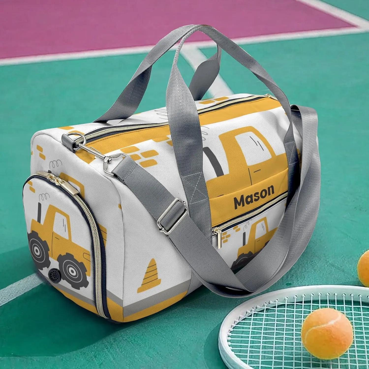 Yellow Construction Truck Personalized Duffel Bag,Custom Travel Gym Bag with Name,Waterproof Sports Overnight Bag with Shoe Compartment & Shoulder Strap