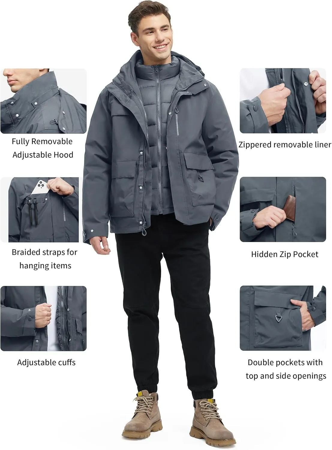 YGREYG Men's 3 in 1 Waterproof Winter Jackets Ski Warm Snow Rain Coat Puffer Liner Hood Windbreaker