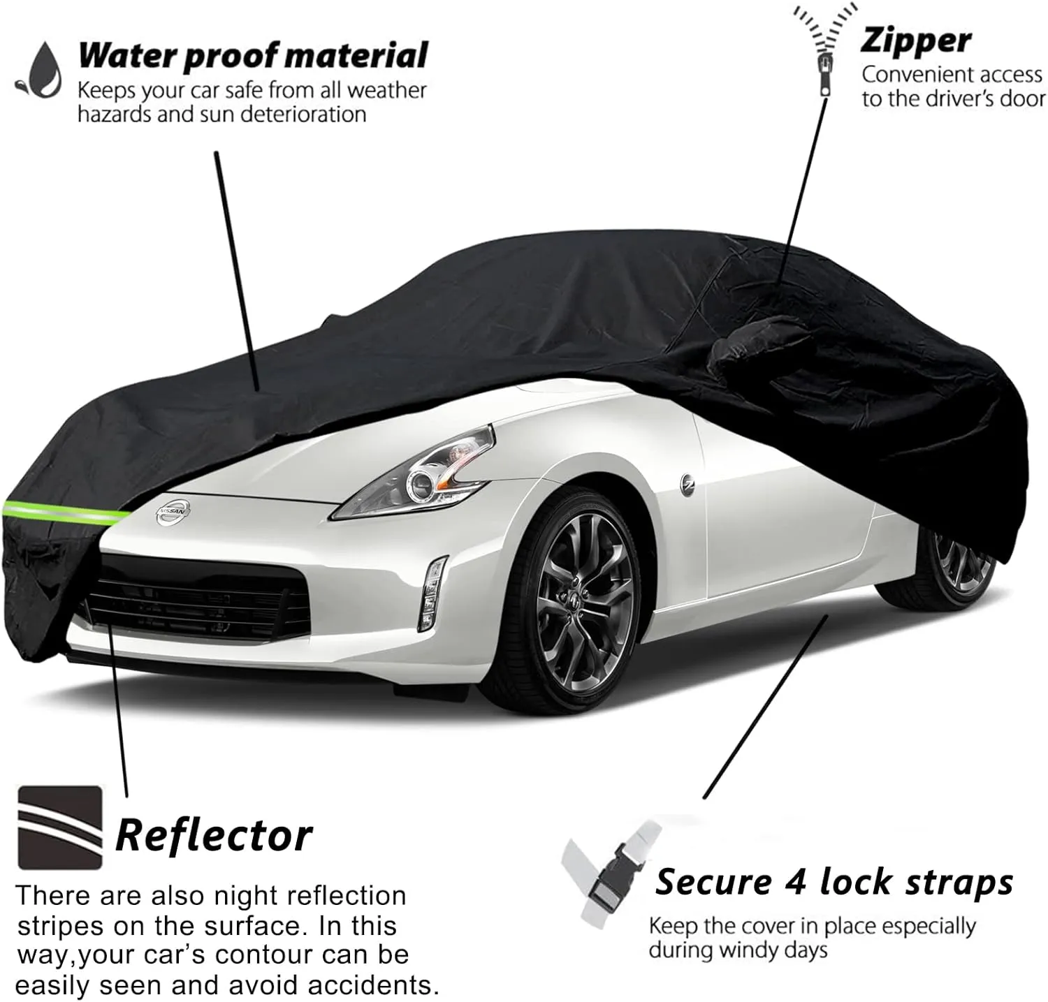 YIXIN Waterproof Car Covers for 2009-2022 Nissan 370Z / 370Z Nismo Car Cover 190T Covers Customer Fit 100% Waterproof Windproof Strap & Double Door Zipper Up to 174” L