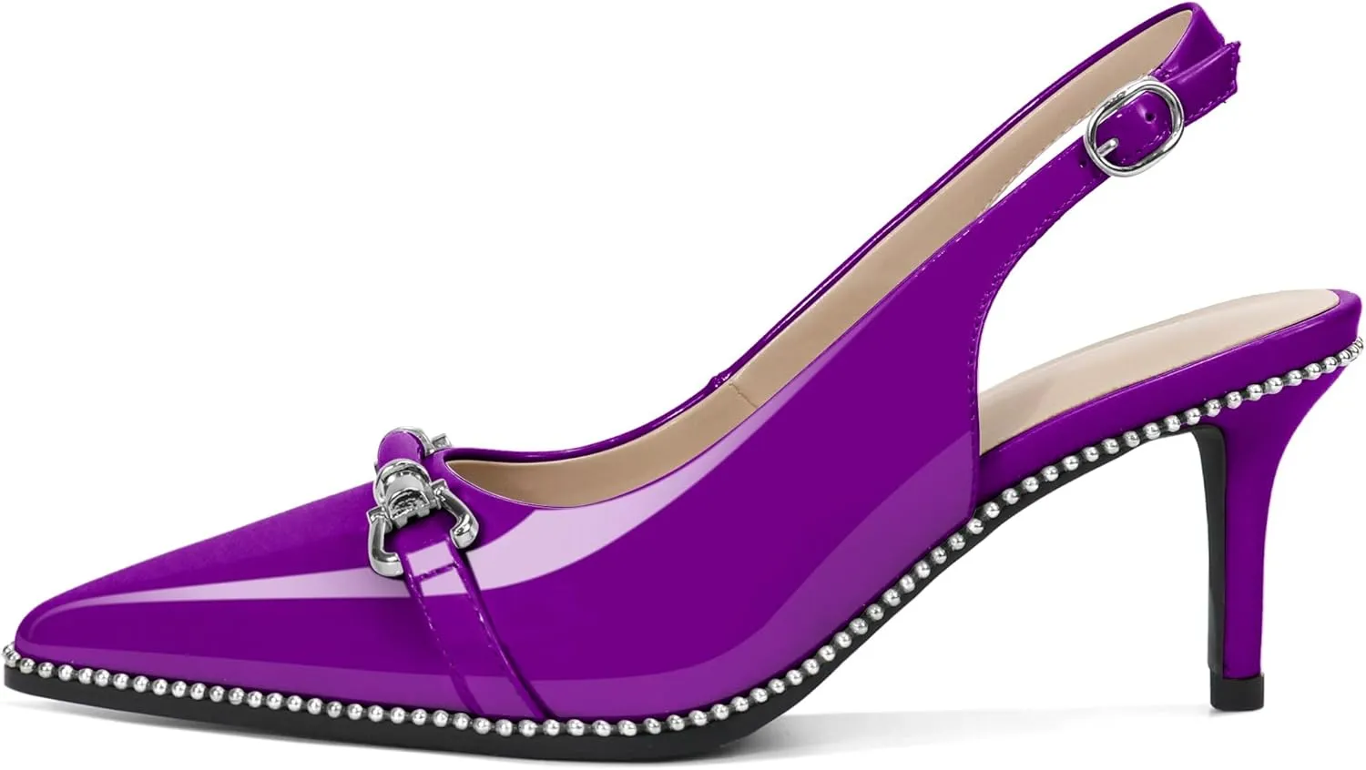 YODEKS Slingback Kitten Heels Women's Pointed Toe Low Heel Pumps 2.5 Inch Beaded Metal Buckle Shoes US Size 5-13