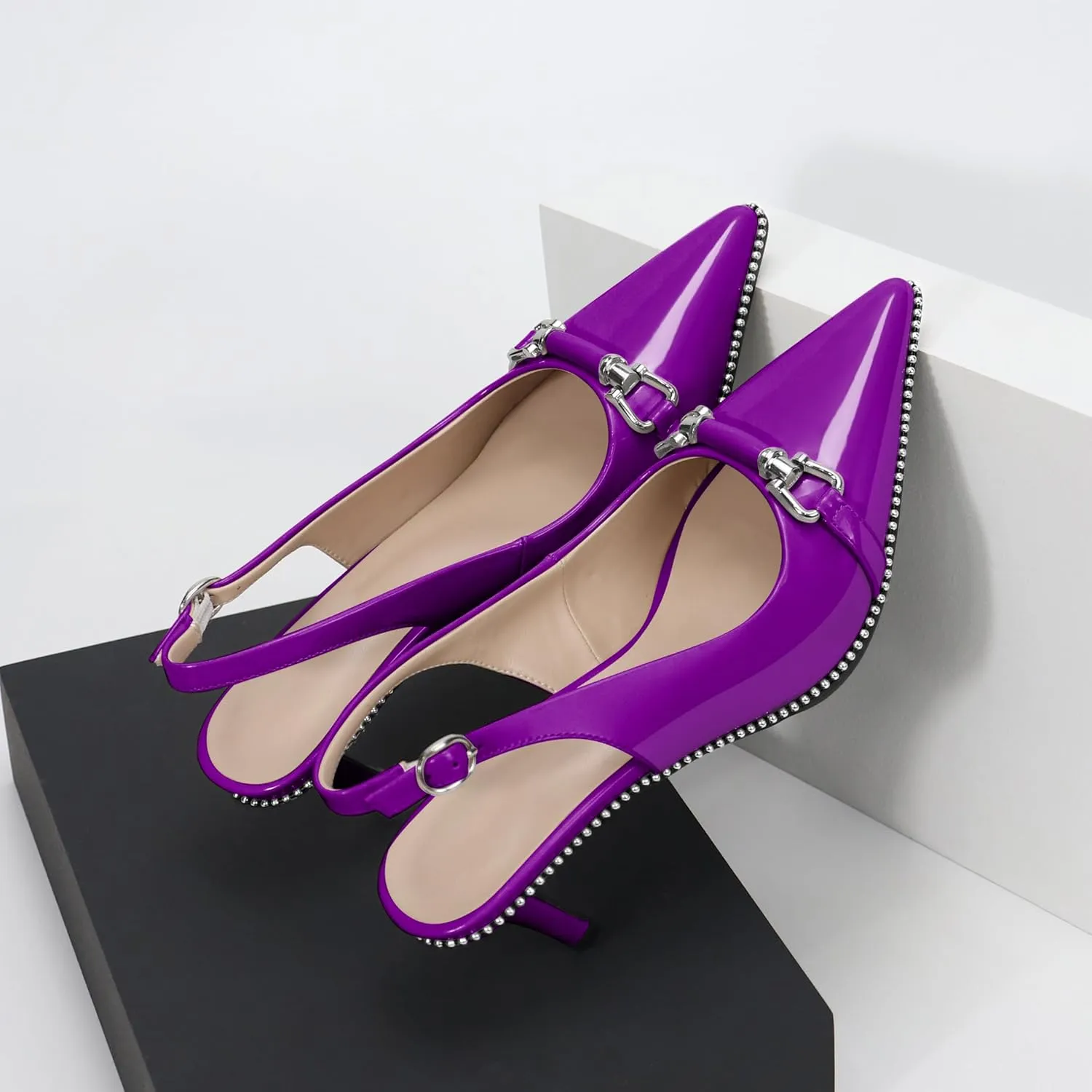 YODEKS Slingback Kitten Heels Women's Pointed Toe Low Heel Pumps 2.5 Inch Beaded Metal Buckle Shoes US Size 5-13