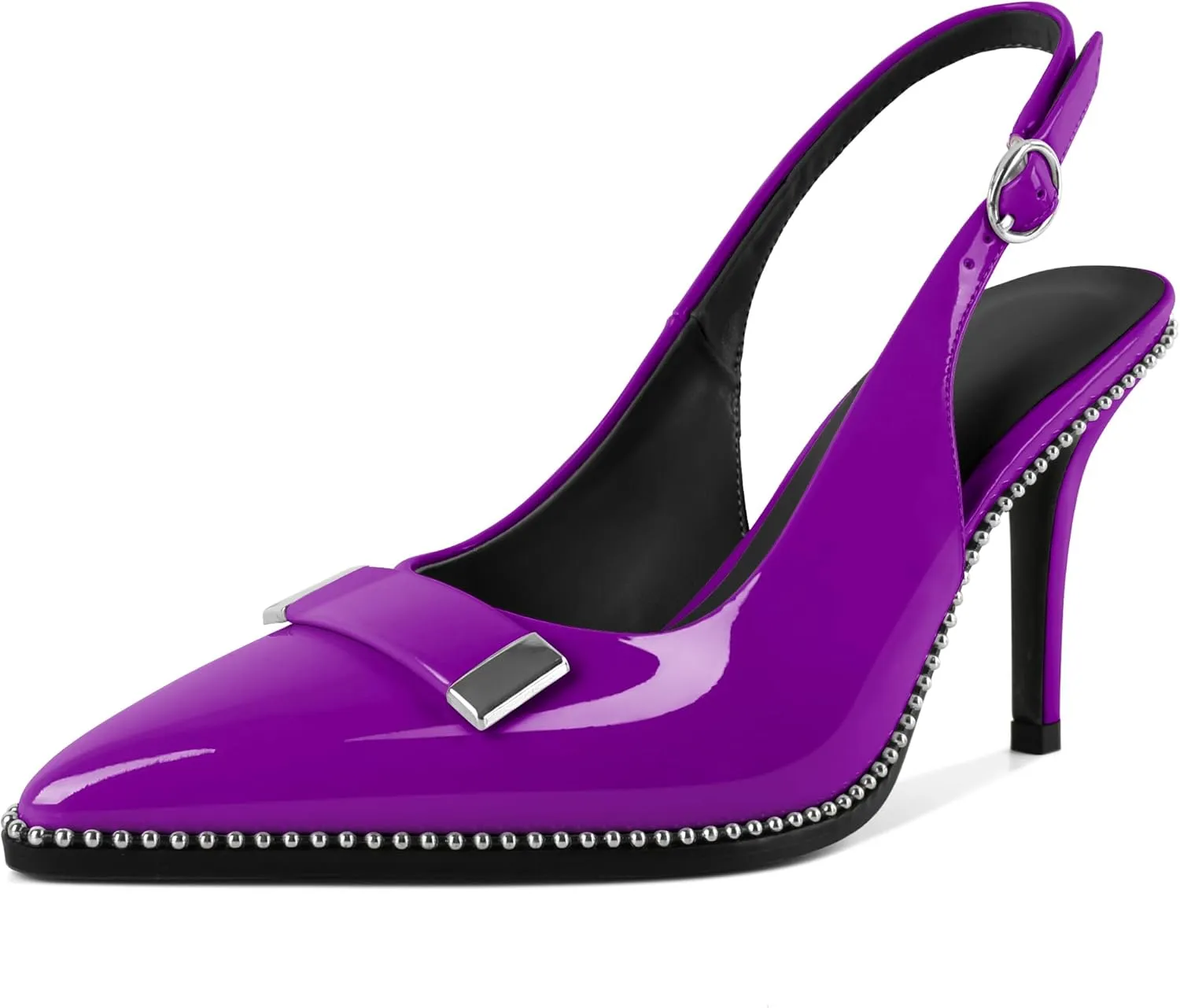 YODEKS Womens Slingback Heels Pointed Toe Beaded High Heel Pumps 3.5 Inch Metal Buckle Shoes US Size 5-13
