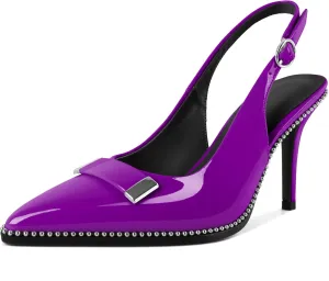 YODEKS Womens Slingback Heels Pointed Toe Beaded High Heel Pumps 3.5 Inch Metal Buckle Shoes US Size 5-13