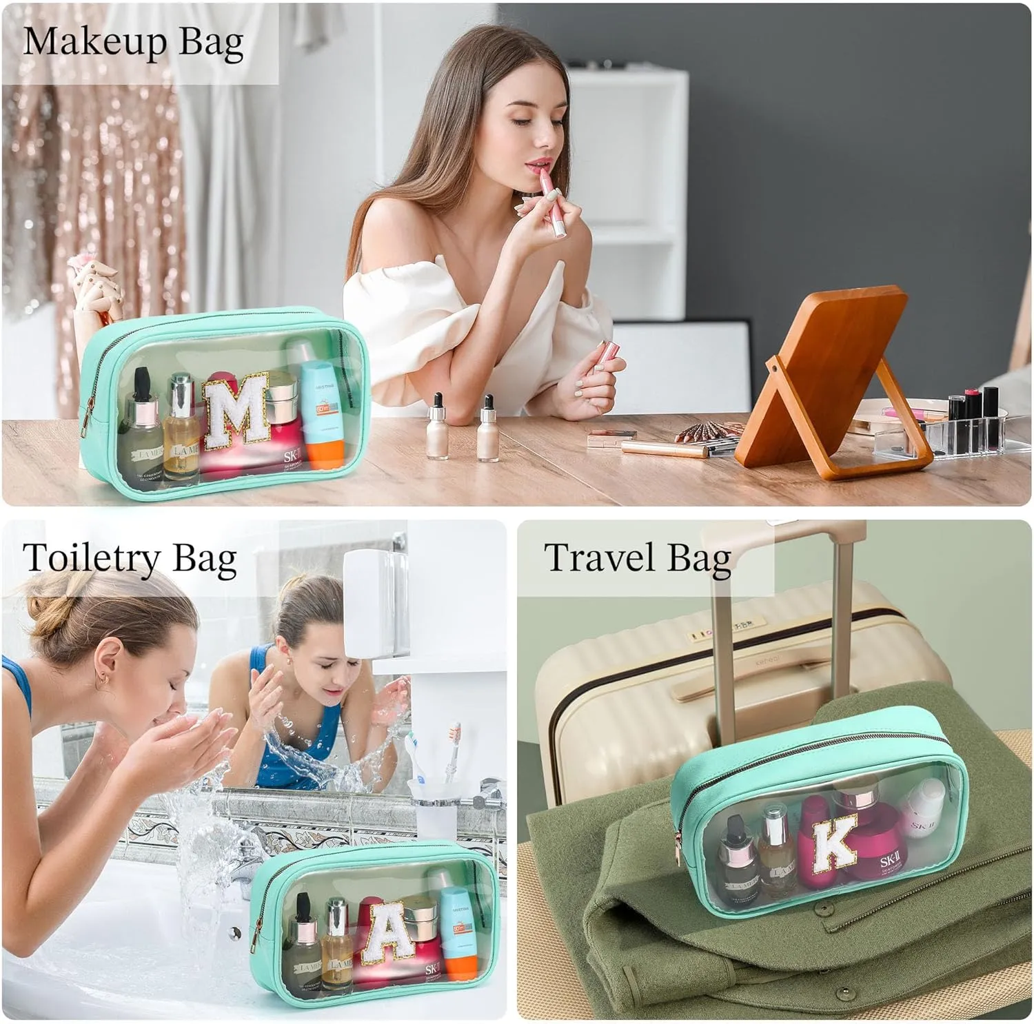 YOOLIFE Initial Clear Makeup Pouch, Clear Makeup Bag Cosmetic Travel Beach Toiletry Bag Travel Essentials Gifts for Women Teen Girlfriend Teacher Mom Birthday Gift for Women Teen Zipper Pouch Blue A