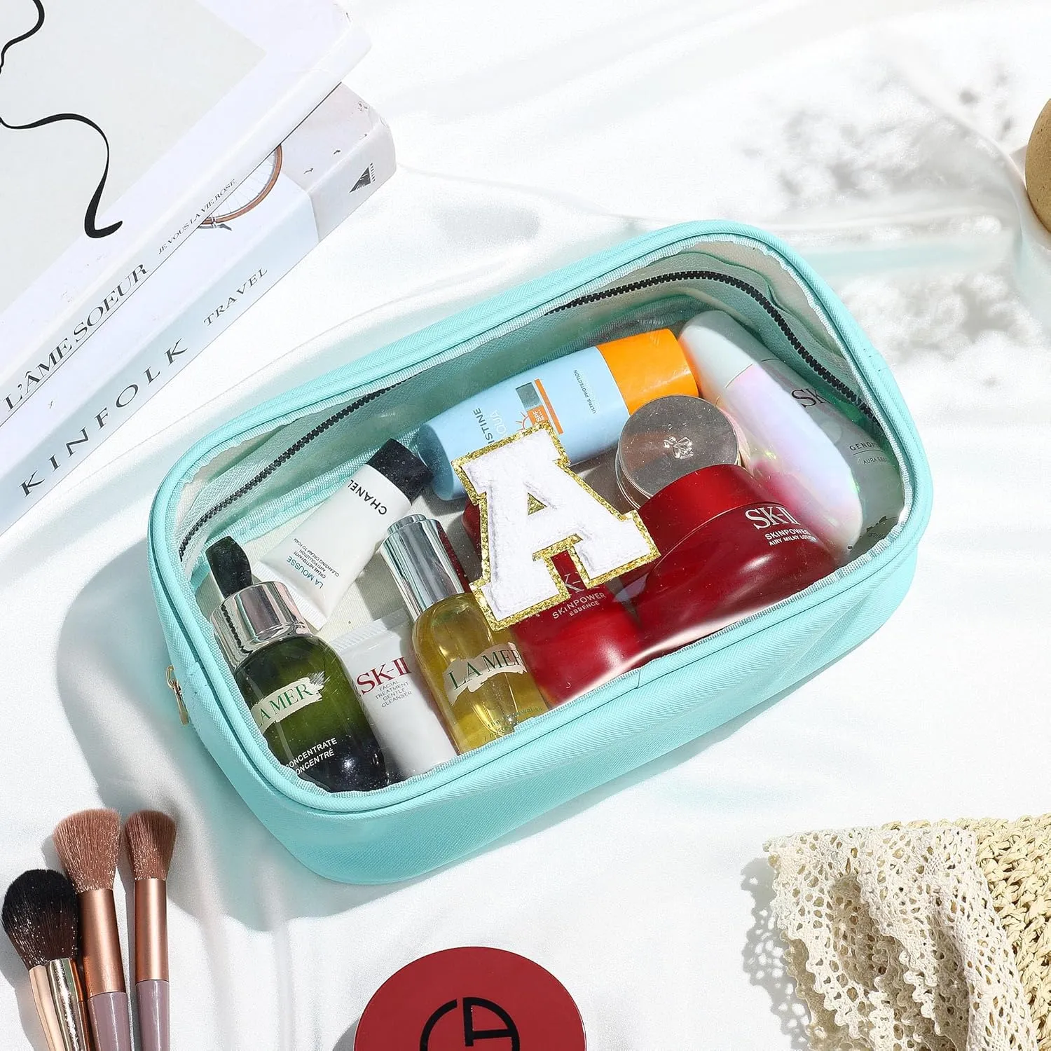 YOOLIFE Initial Clear Makeup Pouch, Clear Makeup Bag Cosmetic Travel Beach Toiletry Bag Travel Essentials Gifts for Women Teen Girlfriend Teacher Mom Birthday Gift for Women Teen Zipper Pouch Blue A