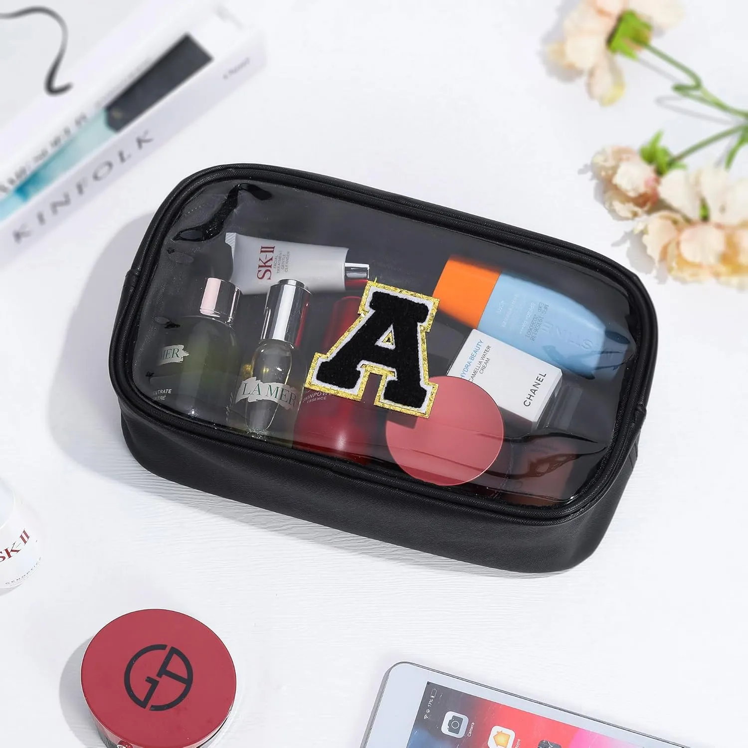 YOOLIFE Initial Makeup Bag Travel Toiletry Bag Clear Makeup Bag Cosmetic Bags Travel Essentials Gifts for Girls Teen Girlfriend Teacher Birthday Birthday Gifts for Kids Black Graduation Gifts A