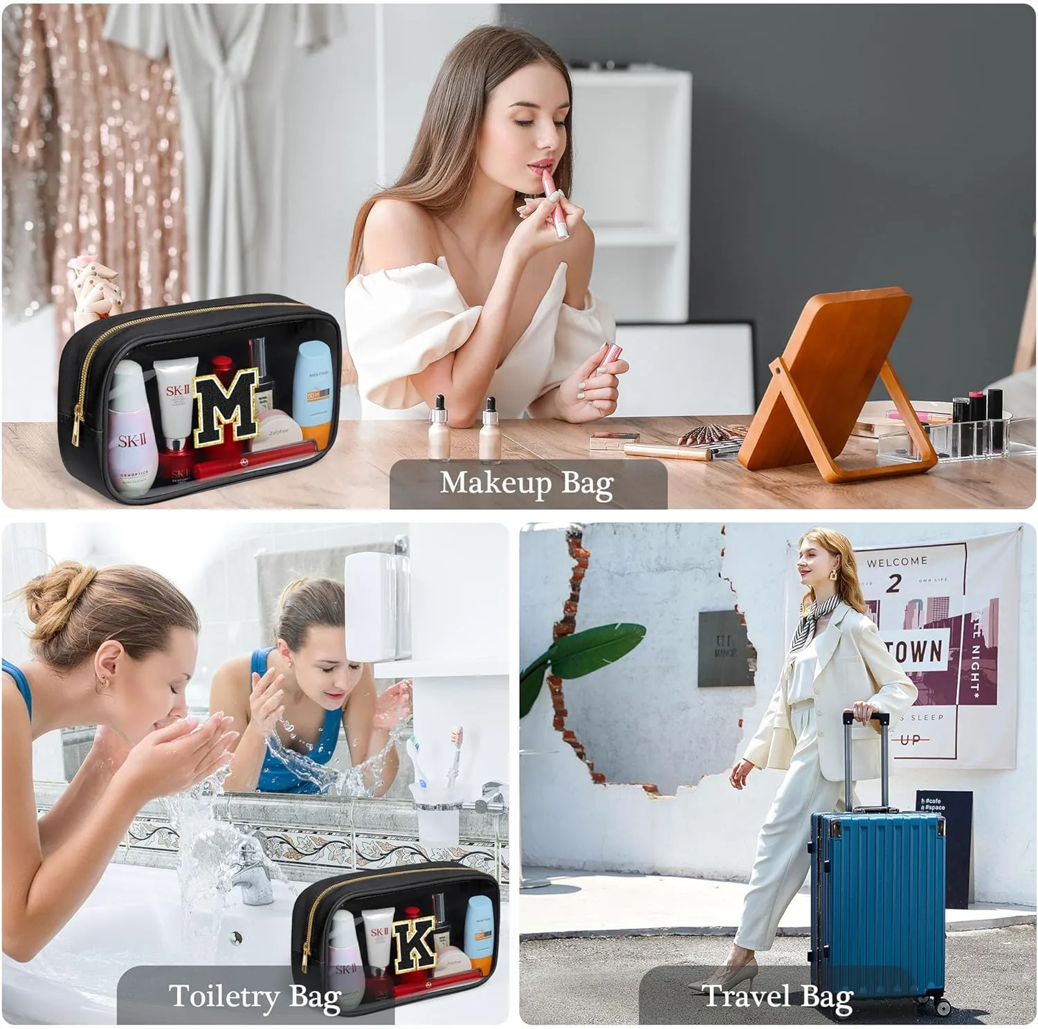 YOOLIFE Initial Makeup Bag Travel Toiletry Bag Clear Makeup Bag Cosmetic Bags Travel Essentials Gifts for Girls Teen Girlfriend Teacher Birthday Birthday Gifts for Kids Black Graduation Gifts A