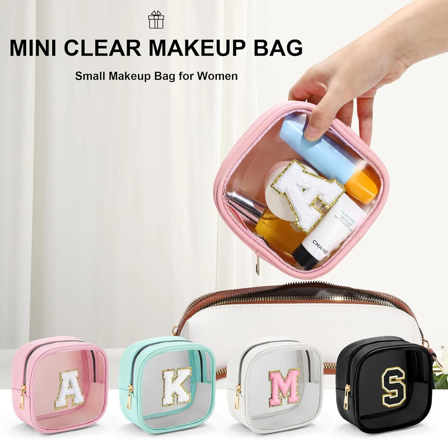 YOOLIFE Initial Mini Makeup Bag | Make Up Bag Travel Toiletry Bag | Clear Makeup Bag | Preppy Cosmetic Bags Organizer Travel Essentials Gifts for Women Teen Girlfriend Teacher Birthday Gifts Pink A