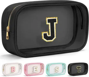YOOLIFE Initial Travel Essentials Makeup Bag, Skin Care Clear Toiletry Bag Pouch Cosmetic Bag Case Large Makeup Bag Personalized Birthday Gifts for Women Birthday Gifts for Her Wife Black J