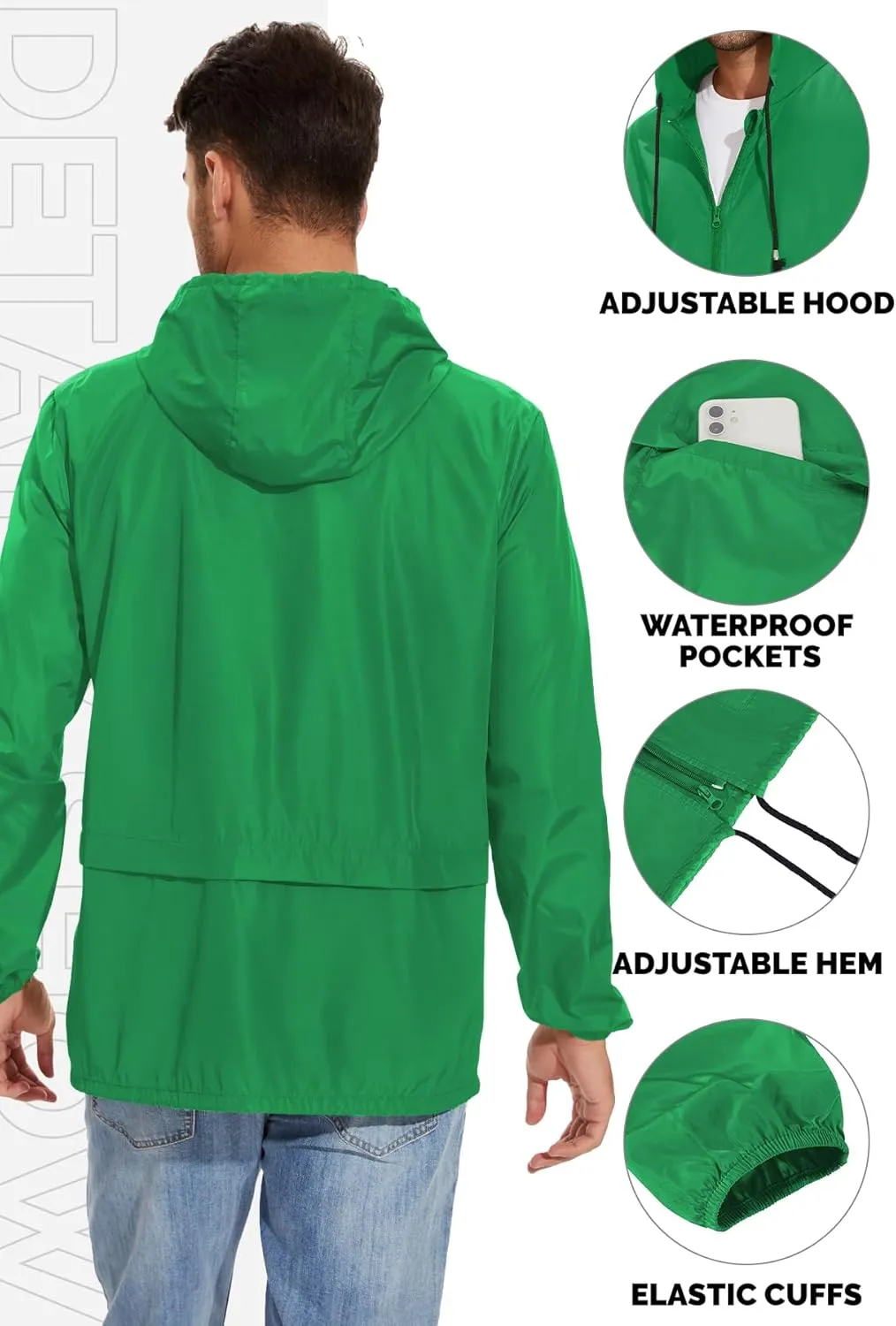 Zando Packable Mens Rain Jacket Lightweight Raincoat Waterproof with Hood Outdoor Windbreaker Jacket Travel Rain Jackets