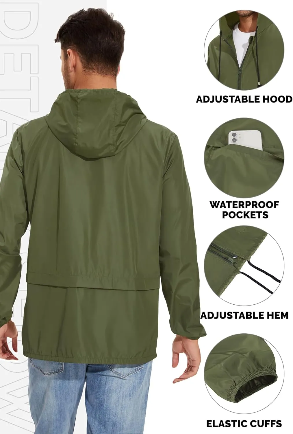 Zando Packable Mens Rain Jacket Lightweight Raincoat Waterproof with Hood Outdoor Windbreaker Jacket Travel Rain Jackets