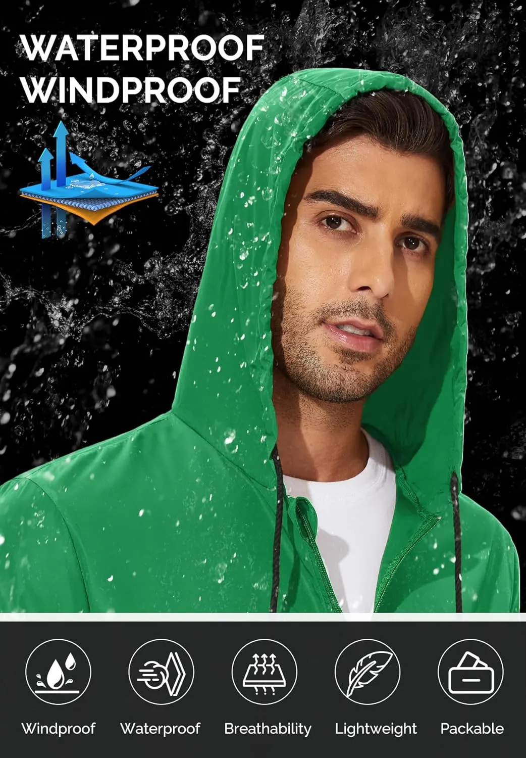Zando Packable Mens Rain Jacket Lightweight Raincoat Waterproof with Hood Outdoor Windbreaker Jacket Travel Rain Jackets