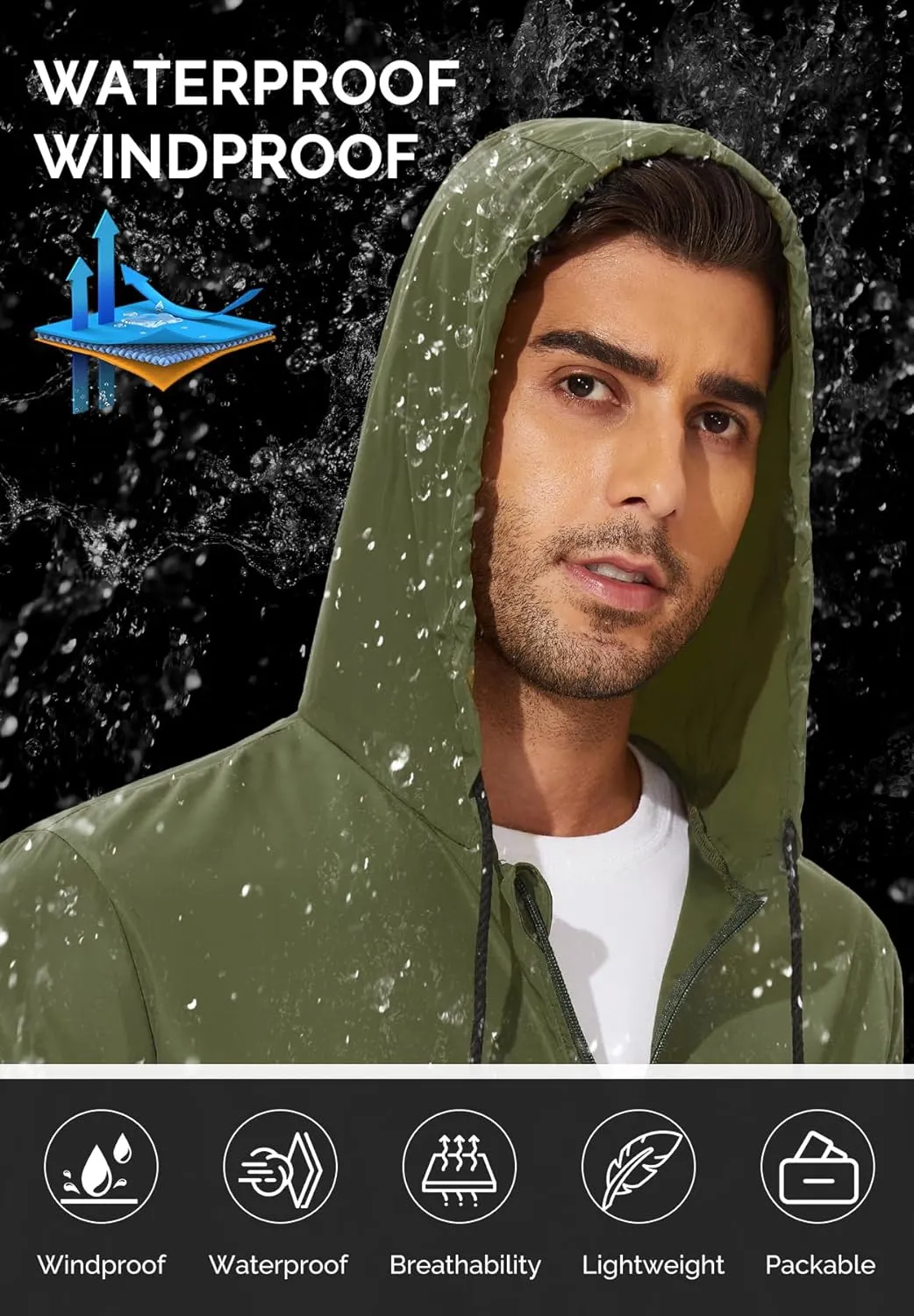 Zando Packable Mens Rain Jacket Lightweight Raincoat Waterproof with Hood Outdoor Windbreaker Jacket Travel Rain Jackets