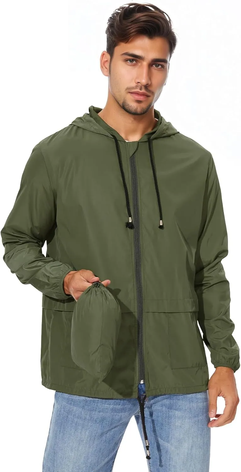 Zando Packable Mens Rain Jacket Lightweight Raincoat Waterproof with Hood Outdoor Windbreaker Jacket Travel Rain Jackets