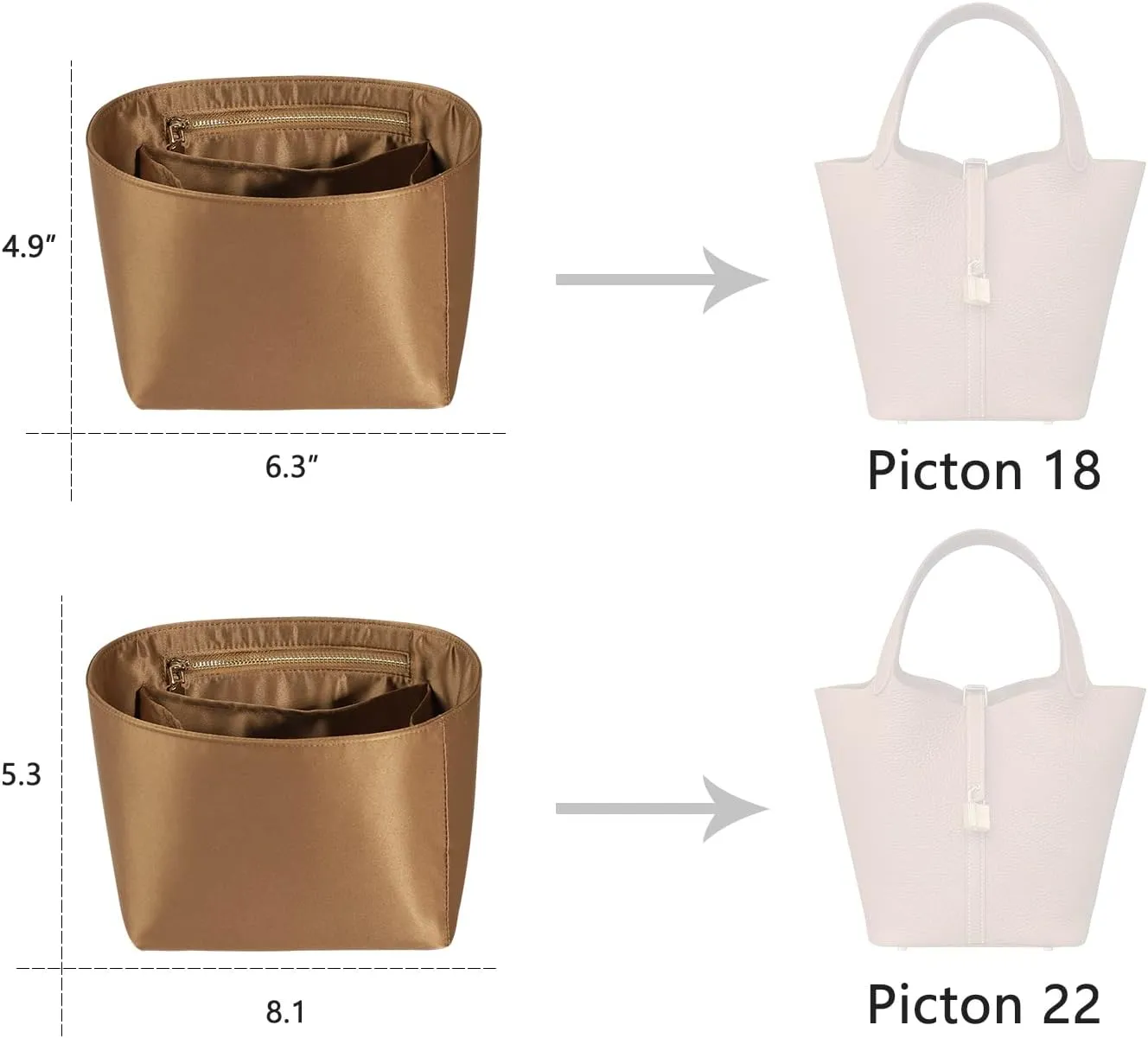 ZTUJO Picotin 18 Organizer Hermes, Picotin bag insert, Luxury Purse Organizer Insert Silky Smooth Fits picotin 18 Picotin (Brown)