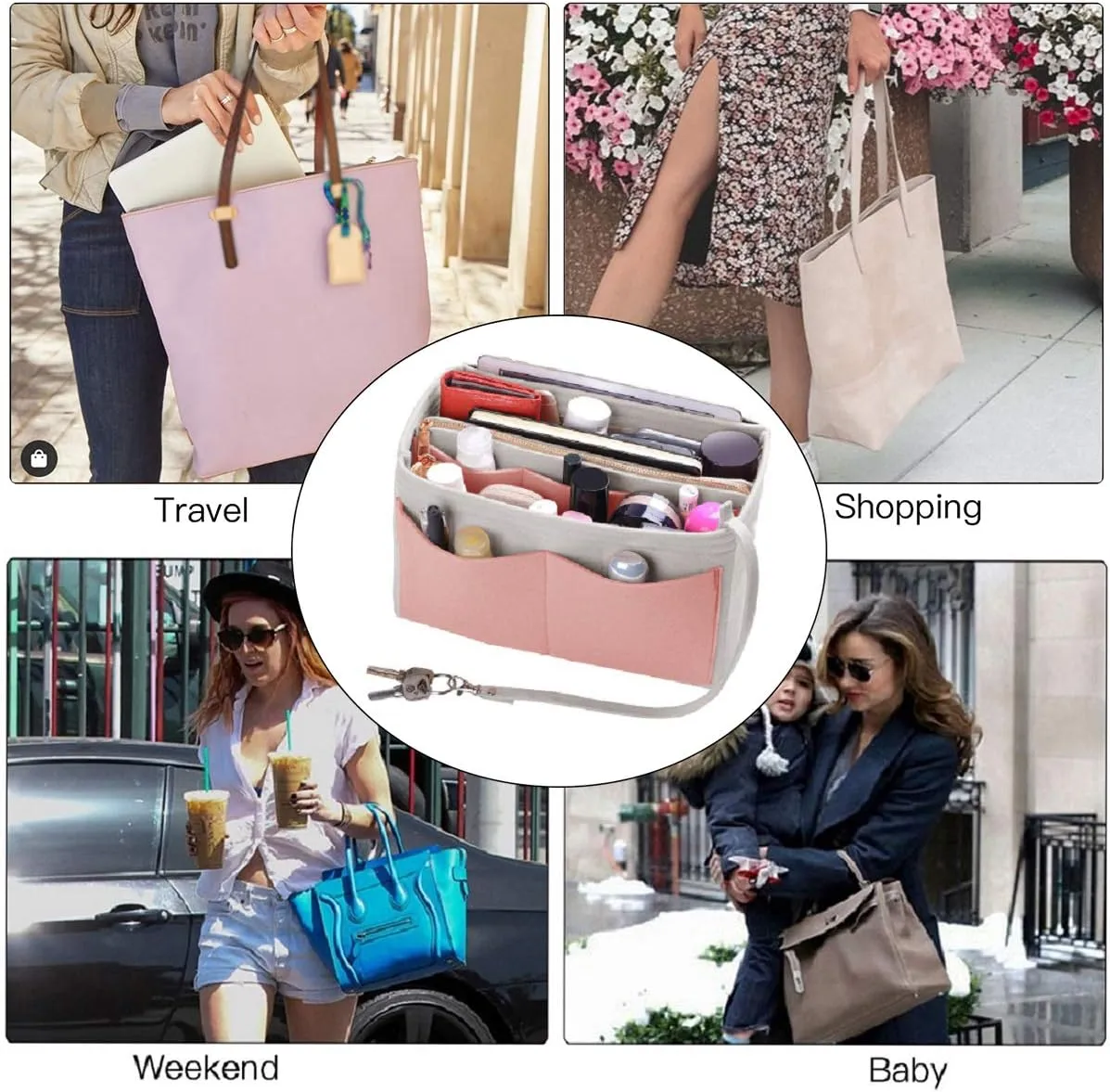 ZTUJO Purse Organizer Insert, Felt Bag Organizer with Metal Zipper, Handbag & Tote Shaper, For Speedy Neverfull Tote, 7 Sizes