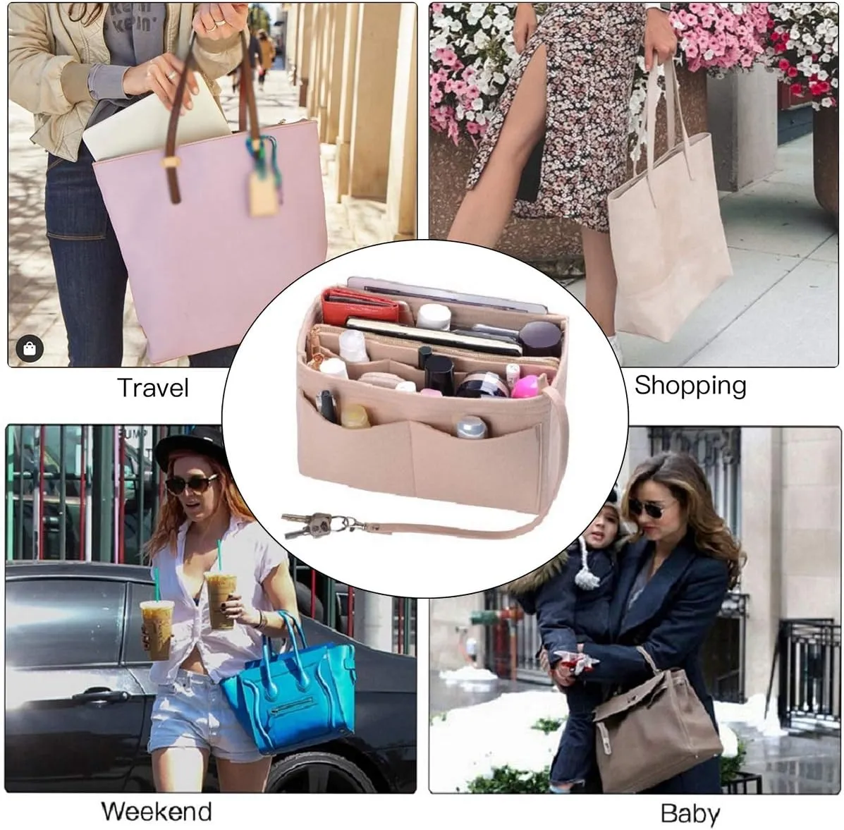 ZTUJO Purse Organizer Insert, Felt Bag Organizer with Metal Zipper, Handbag & Tote Shaper, For Speedy Neverfull Tote, 7 Sizes