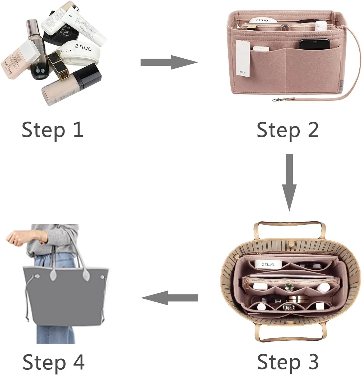 ZTUJO Purse Organizer Insert, Felt Bag Organizer with Metal Zipper, Handbag & Tote Shaper, For Speedy Neverfull Tote, 7 Sizes