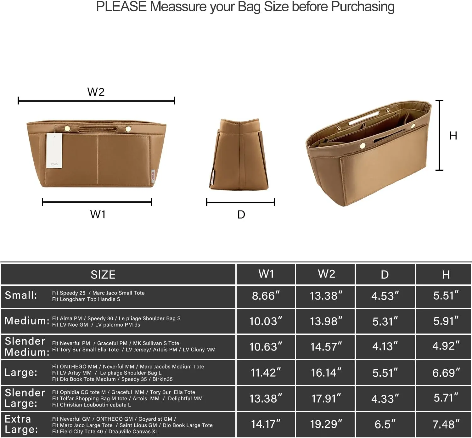 ZTUJO Purse Organizer Insert For Handbag & Tote Shaper,Tote Bag Organizer Insert For Speedy Neverful, 6 Sizes (Slender Large,Silky Brown)