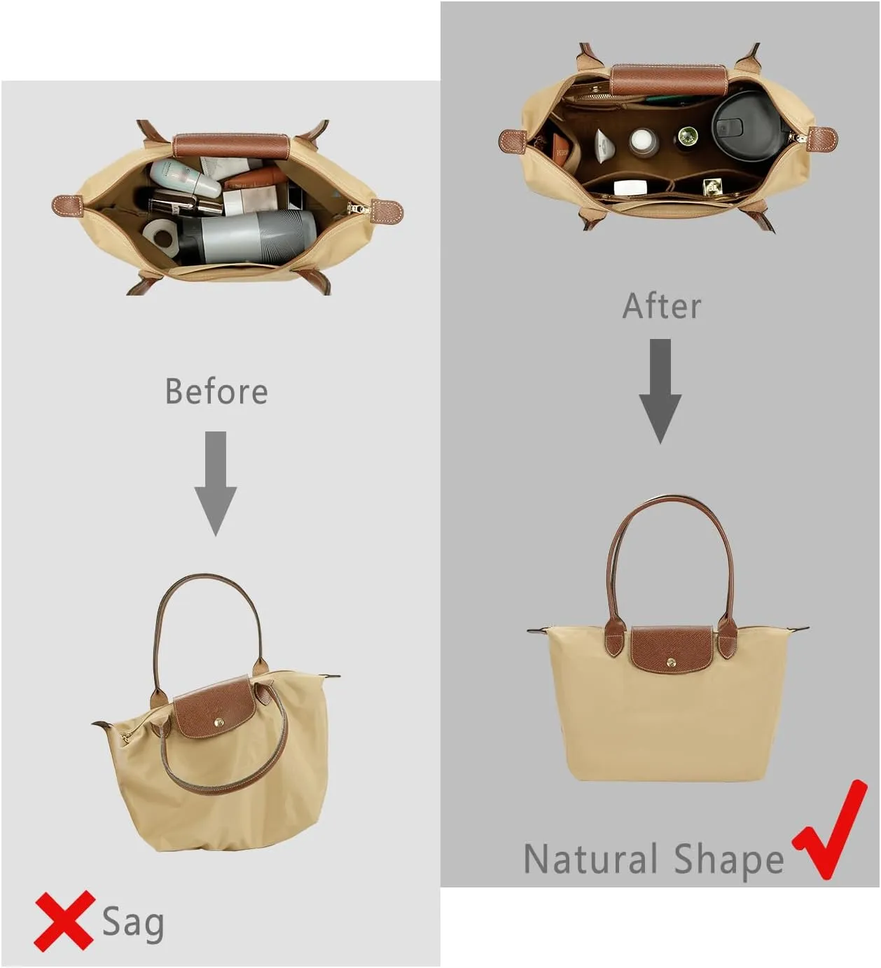 ZTUJO Purse Organizer Insert For Handbag & Tote Shaper,Tote Bag Organizer Insert For Speedy Neverful, 6 Sizes (Slender Large,Silky Brown)