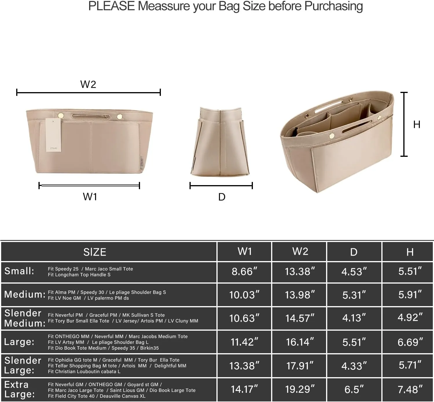 ZTUJO Purse Organizer Insert For Handbag & Tote Shaper,Tote Bag Organizer Insert For Speedy Neverful, 6 Sizes(Medium, Silky Beige)