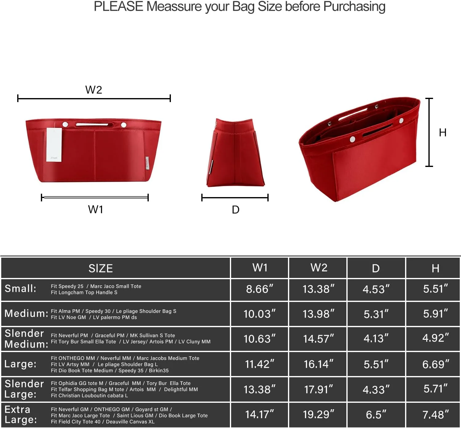 ZTUJO Purse Organizer Insert For Handbag & Tote Shaper,Tote Bag Organizer Insert For Speedy Neverful, 6 Sizes(Medium, Silky Red)