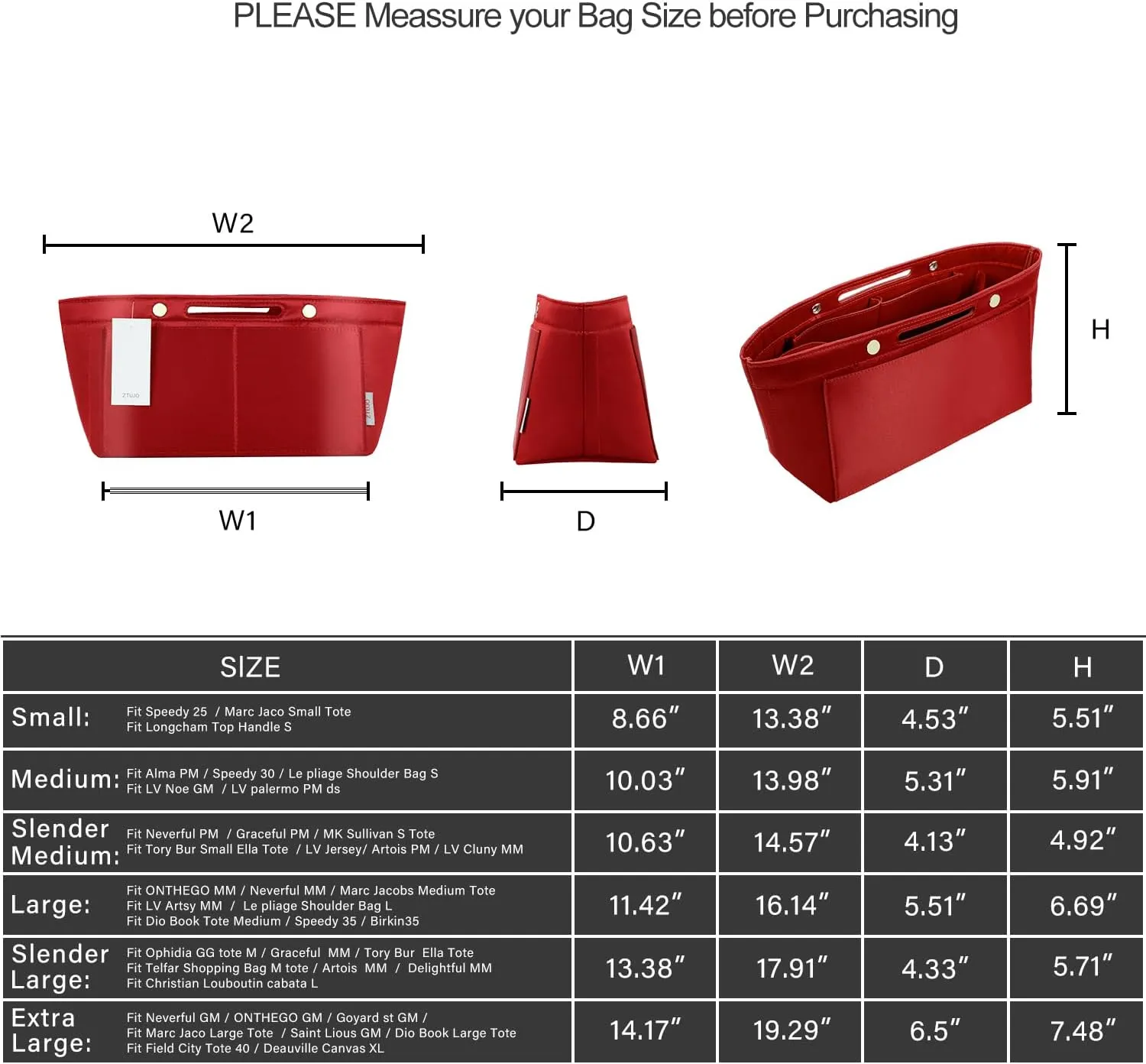 ZTUJO Purse Organizer Insert For Handbag & Tote Shaper,Tote Bag Organizer Insert For Speedy Neverful, 6 Sizes(Slender Medium,Silky Red)