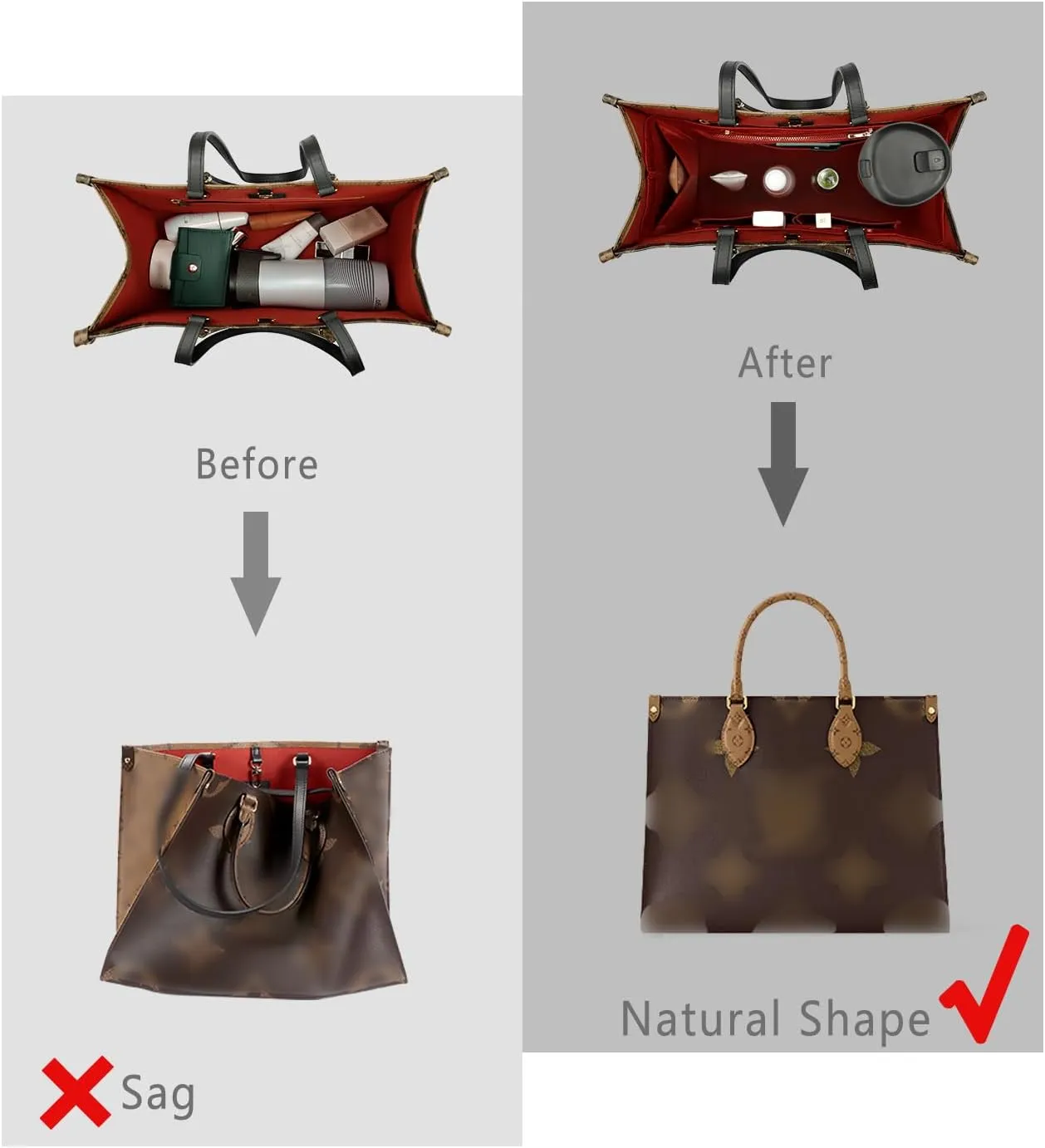 ZTUJO Purse Organizer Insert For Handbag & Tote Shaper,Tote Bag Organizer Insert For Speedy Neverful, 6 Sizes(Slender Medium,Silky Red)
