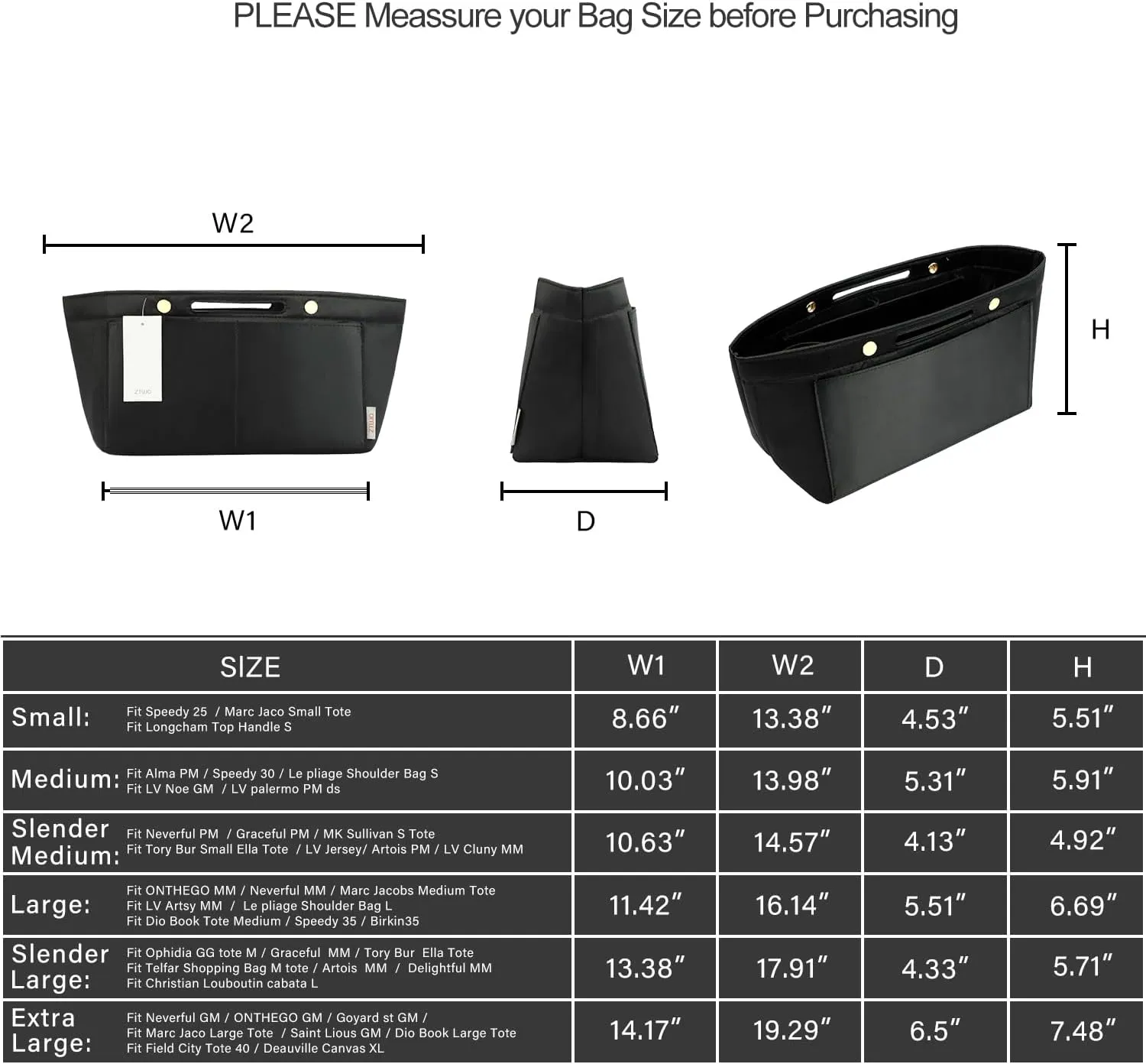 ZTUJO Purse Organizer Insert For Handbag & Tote Shaper,Tote Bag Organizer Insert For Speedy Neverful, 6 Sizes(X-Large,Silky Black)
