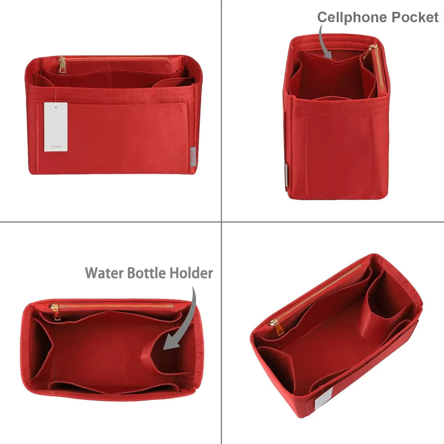 ZTUJO Purse Organizer Insert For Handbags, Silky Touching Bag Organizer Insert With Bottle Holder, Perfect for Speedy, Neverfull, Tote,ONTHEGO,Artsy,Handbag and More (Large, Silky Red)