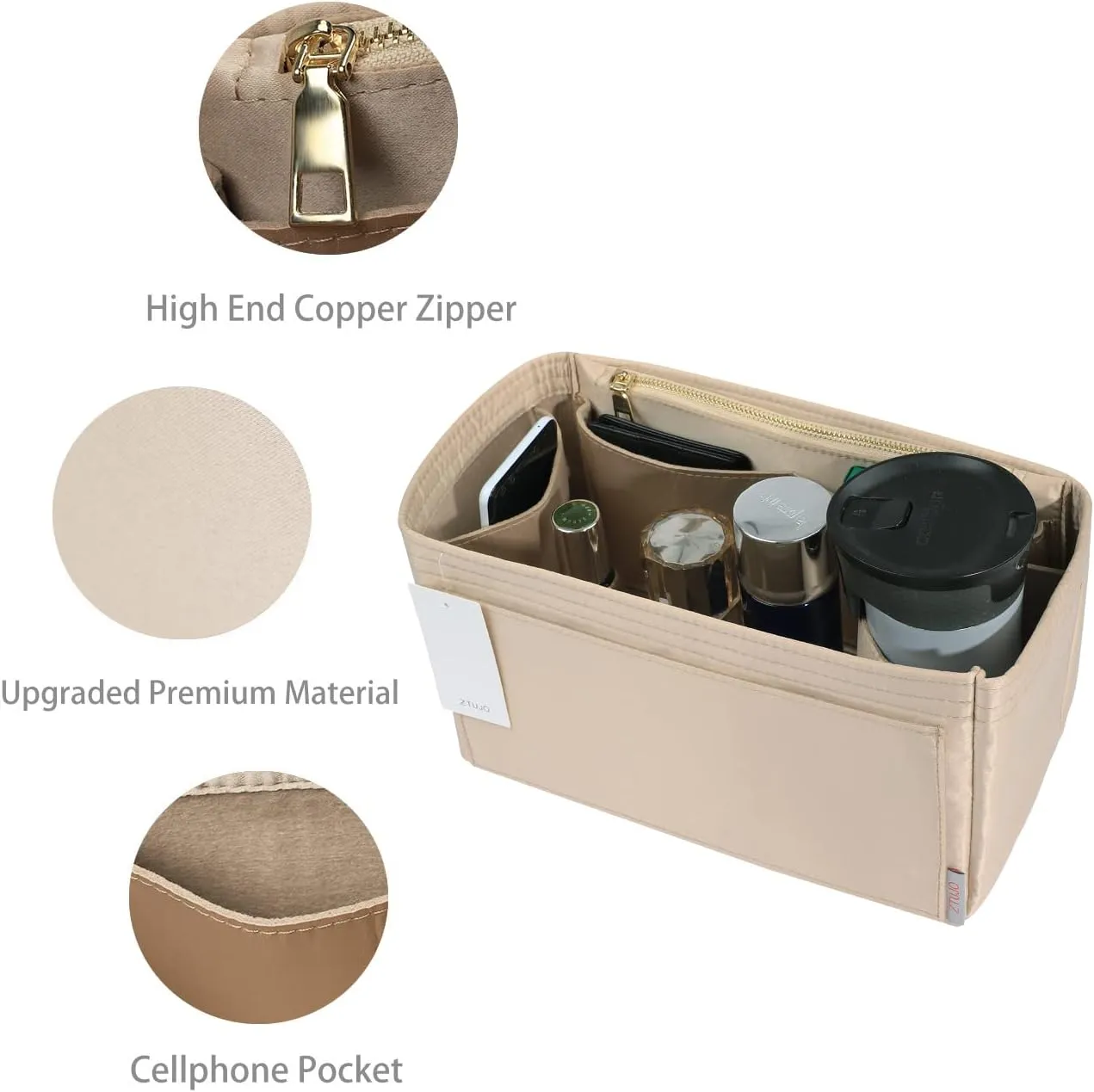 ZTUJO Purse Organizer Insert For Handbags, Silky Touching Bag Organizer Insert With Bottle Holder, Perfect for Speedy, Neverfull, Tote,ONTHEGO,Artsy,Handbag and More (Medium, Silky Beige)