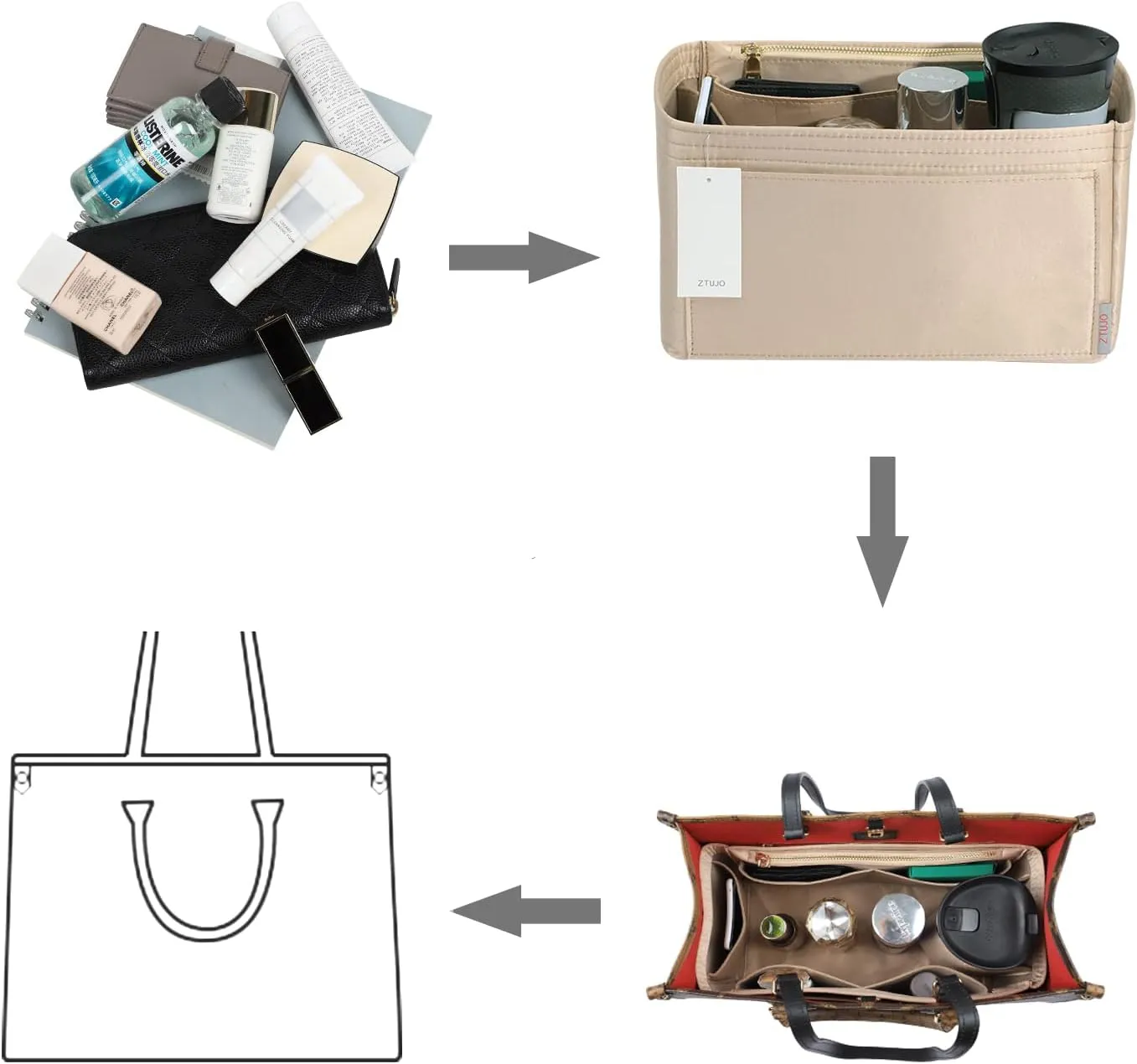 ZTUJO Purse Organizer Insert For Handbags, Silky Touching Bag Organizer Insert With Bottle Holder, Perfect for Speedy, Neverfull, Tote,ONTHEGO,Artsy,Handbag and More (Medium, Silky Beige)