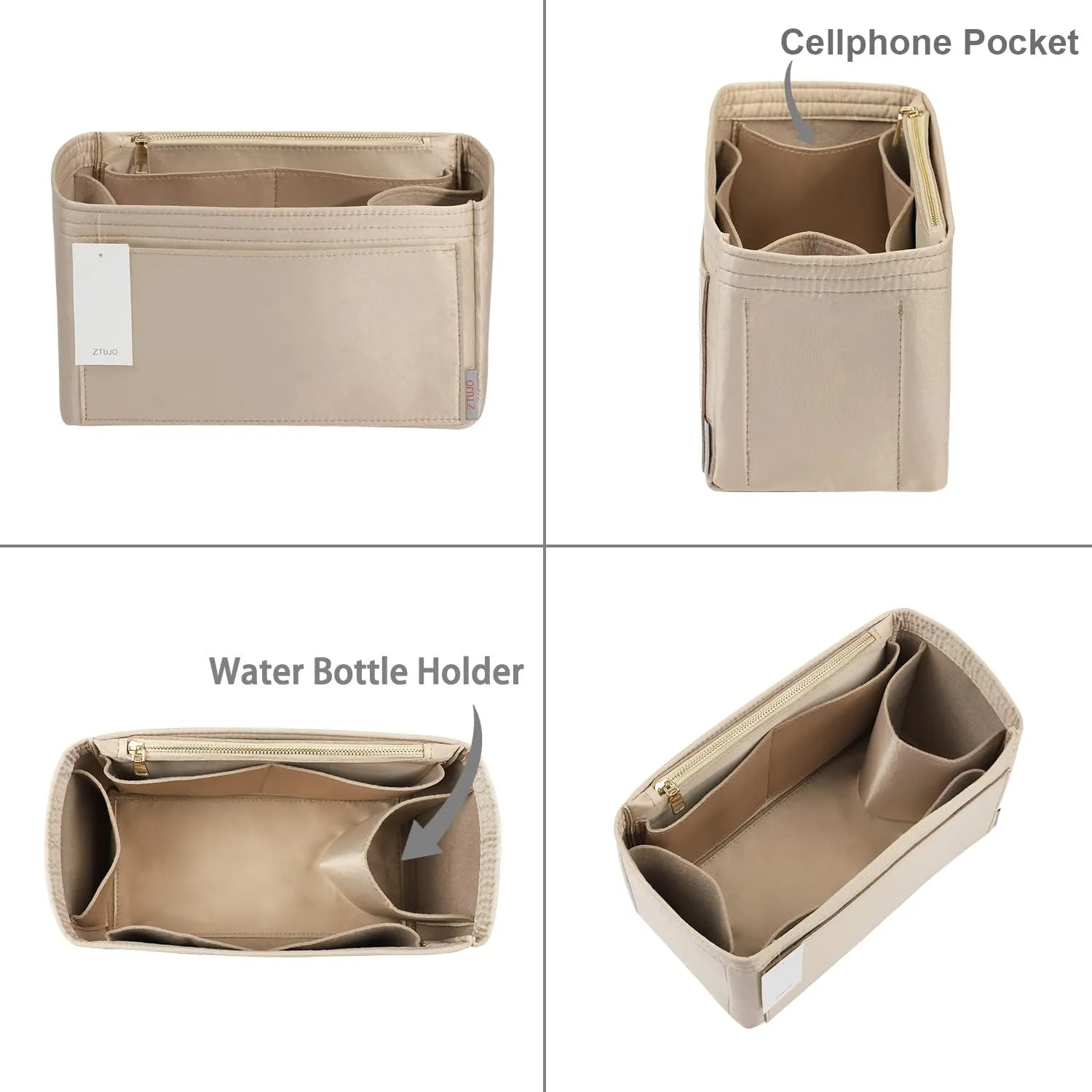 ZTUJO Purse Organizer Insert For Handbags, Silky Touching Bag Organizer Insert With Bottle Holder, Perfect for Speedy, Neverfull, Tote,ONTHEGO,Artsy,Handbag and More (Medium, Silky Beige)