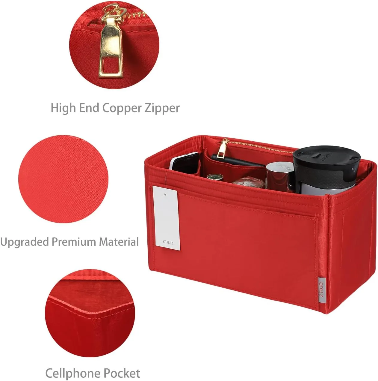 ZTUJO Purse Organizer Insert For Handbags, Silky Touching Bag Organizer Insert With Bottle Holder, Perfect for Speedy, Neverfull, Tote,ONTHEGO,Artsy,Handbag and More (Medium, Silky Red)