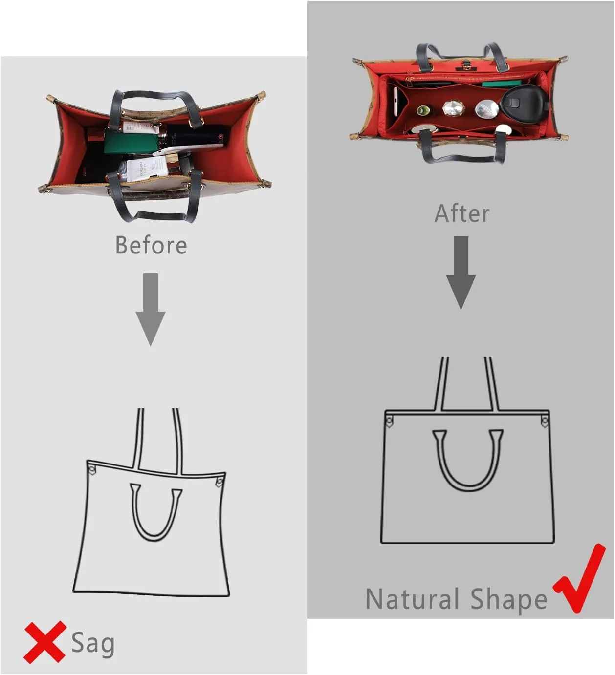 ZTUJO Purse Organizer Insert For Handbags, Silky Touching Bag Organizer Insert With Bottle Holder, Perfect for Speedy, Neverfull, Tote,ONTHEGO,Artsy,Handbag and More (Medium, Silky Red)