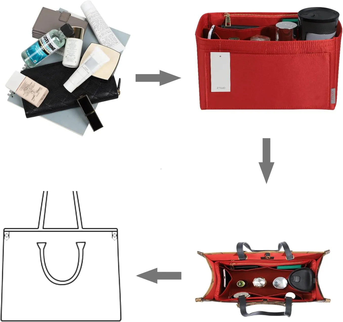 ZTUJO Purse Organizer Insert For Handbags, Silky Touching Bag Organizer Insert With Bottle Holder, Perfect for Speedy, Neverfull, Tote,ONTHEGO,Artsy,Handbag and More (Medium, Silky Red)