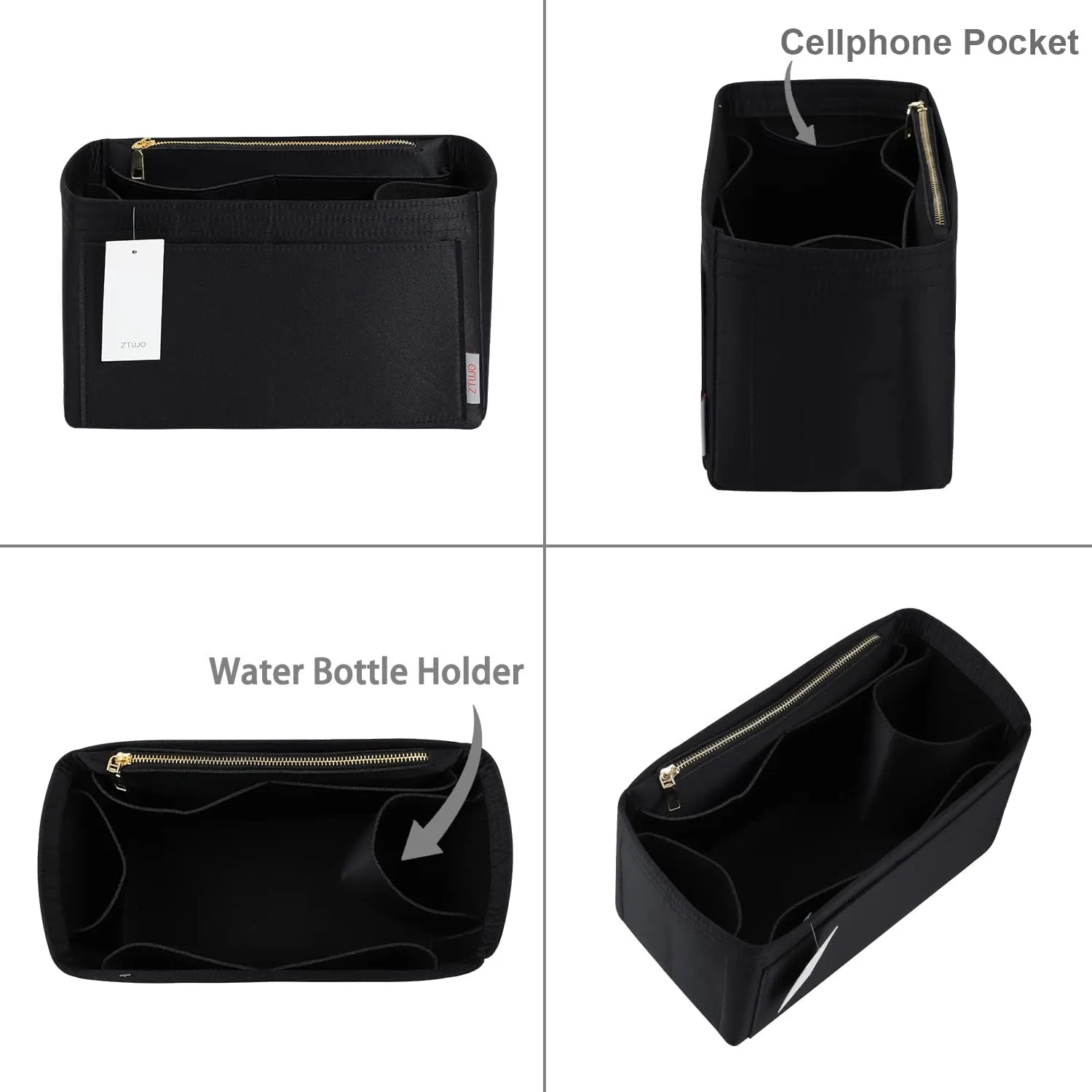 ZTUJO Purse Organizer Insert For Handbags, Silky Touching Bag Organizer Insert With Bottle Holder, Perfect for Speedy, Neverfull, Tote,ONTHEGO,Artsy,Handbag and More (Slender Medium, Silky Black)